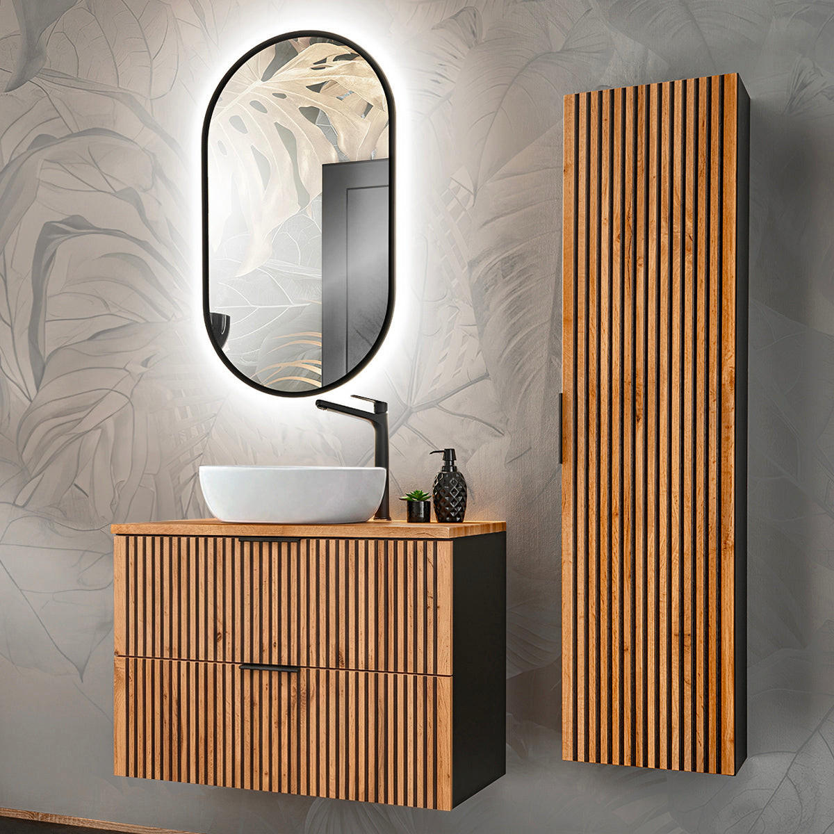 KOUPELNOVÝ NÁBYTEK 80.6cm Gaia 2er-Set Dubové dřevo a černá barva - černá, kompozitní dřevo (80.6/59/46cm) - Petits-meubles