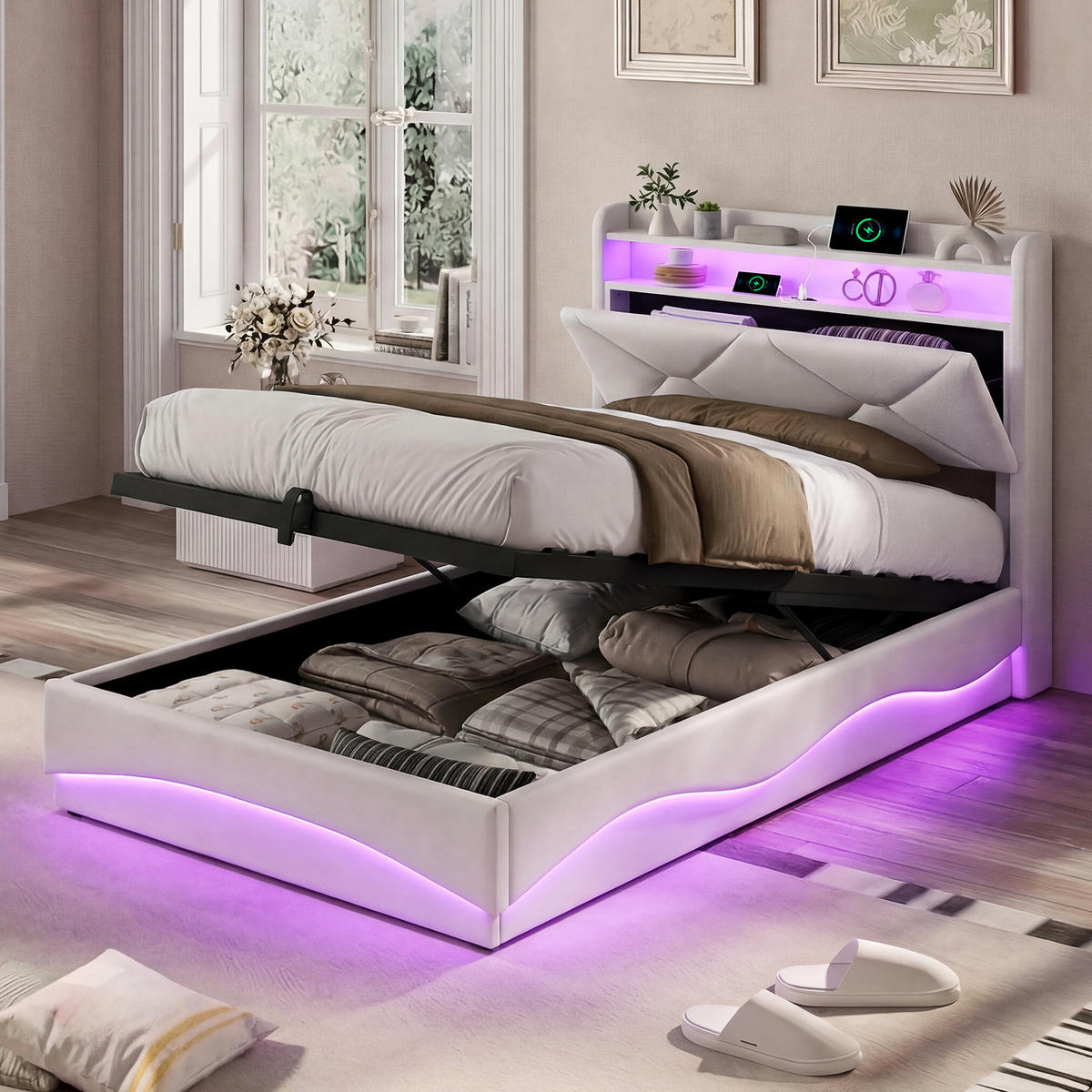 POLSTERBETT 90/200 cm Beige mit Bettkasten und LED-Beleuchtung - Beige, Holz (90/200cm) - SHOPENTRA