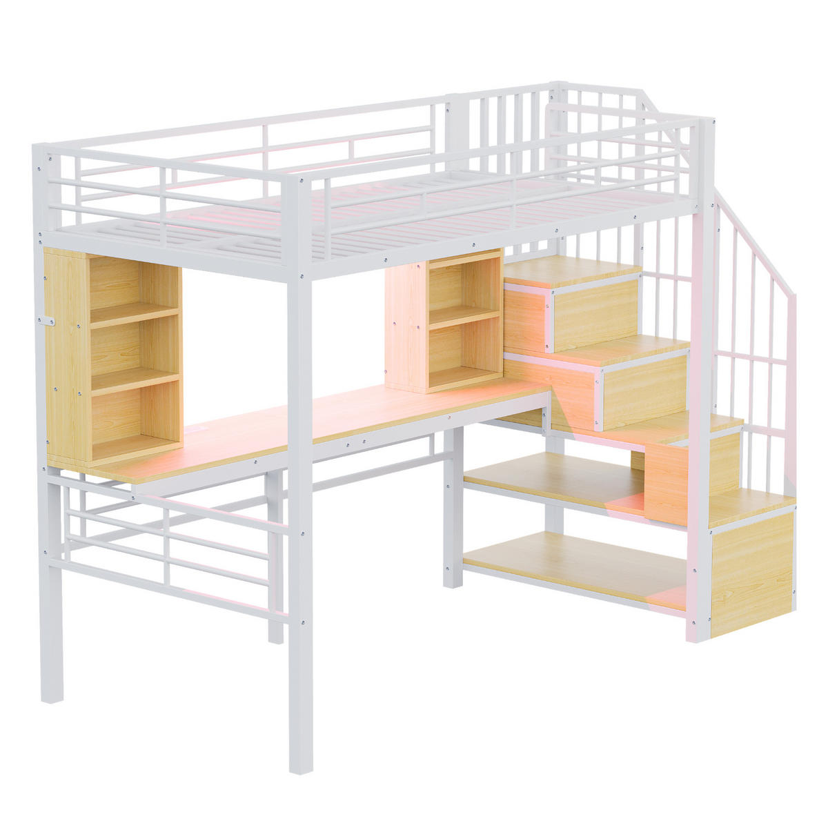 HOCHBETT 90/200 cm in Weiß mit Stauraumtreppe, Schreibtisch, LED und Steckdose - Weiß, Holzwerkstoff/Metall (90/200cm) - STILVORA