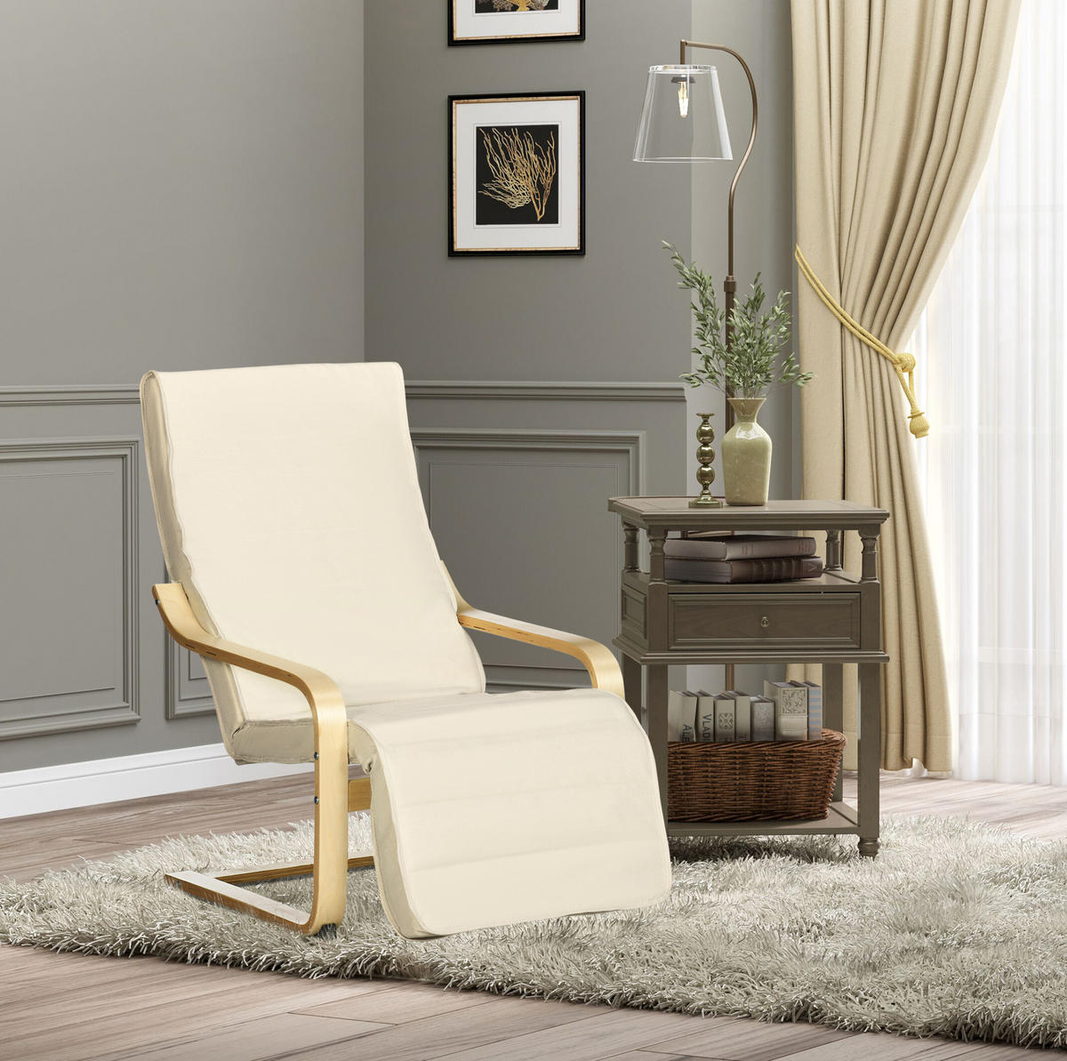 RELAXSESSEL 66.5/100/94 cm Cremeweiß aus Polyester mit 5-fach verstellbarer Beinstütze - Creme, Textil (94/100/66.5cm) - OKMYHOME