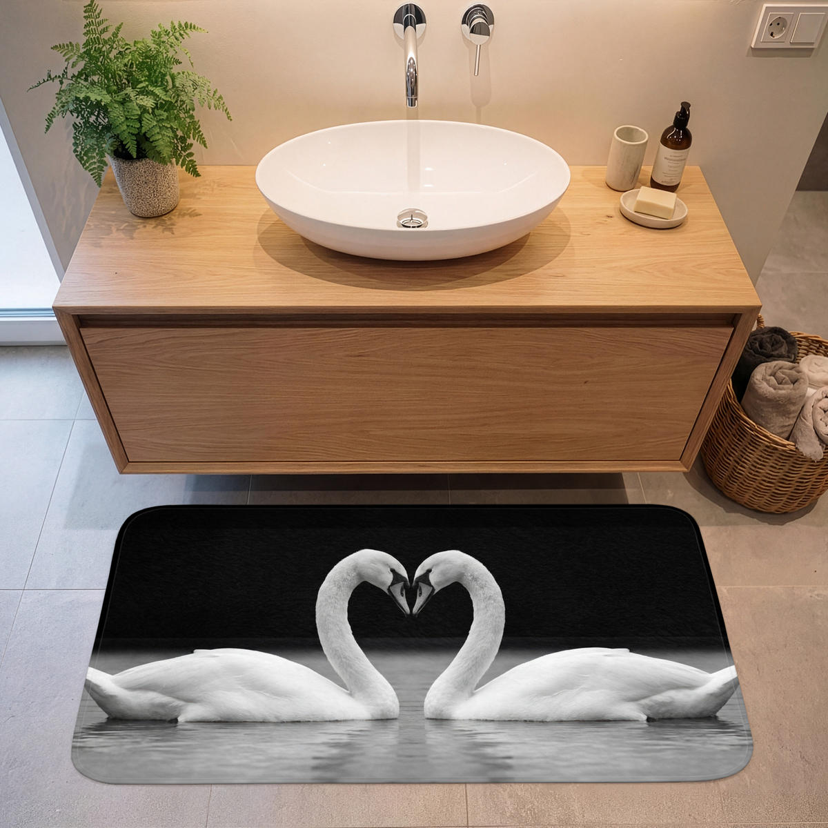 KOUPELNOVÁ PŘEDLOŽKA Labutě - srdce - černá - bílá 120x60 cm - černá, textil/plast (120/60cm)