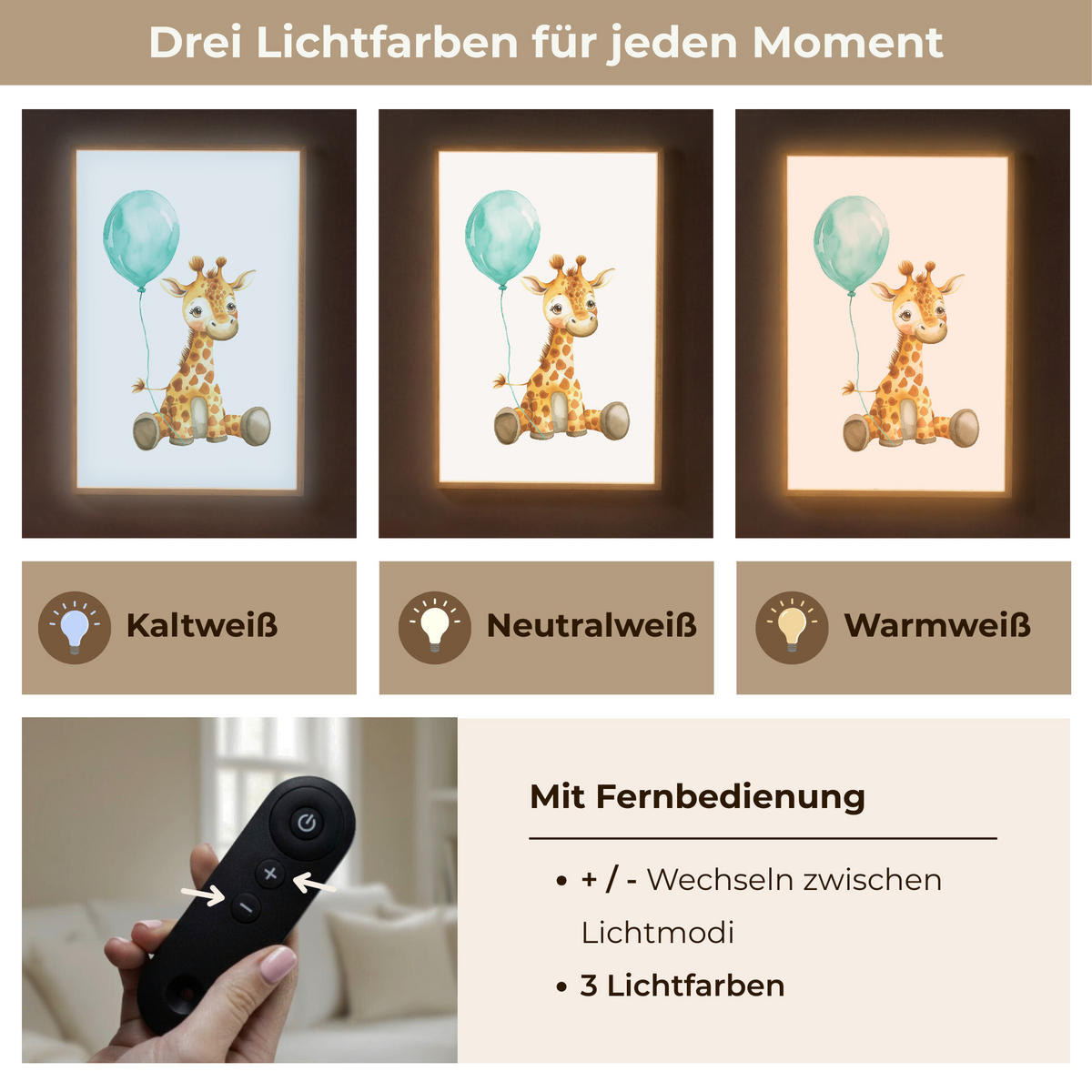 WANDLEUCHTE MIT AKKU Giraffe - Baby - Tiere - Blauer Ballon 70x100 cm - Weiß, Holzwerkstoff (70/100/8cm) - OnlyWow