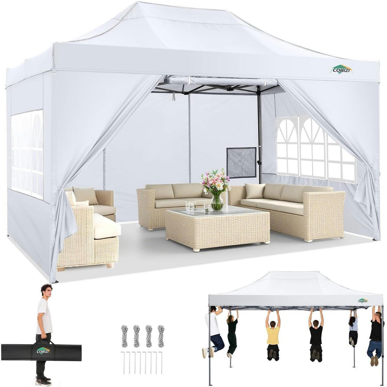 FALTPAVILLON 3x4.5m Wasserdicht UV Schutz 50+ mit 4 Seitenteilen Weiß - Weiß, Metall (305/323/457cm)