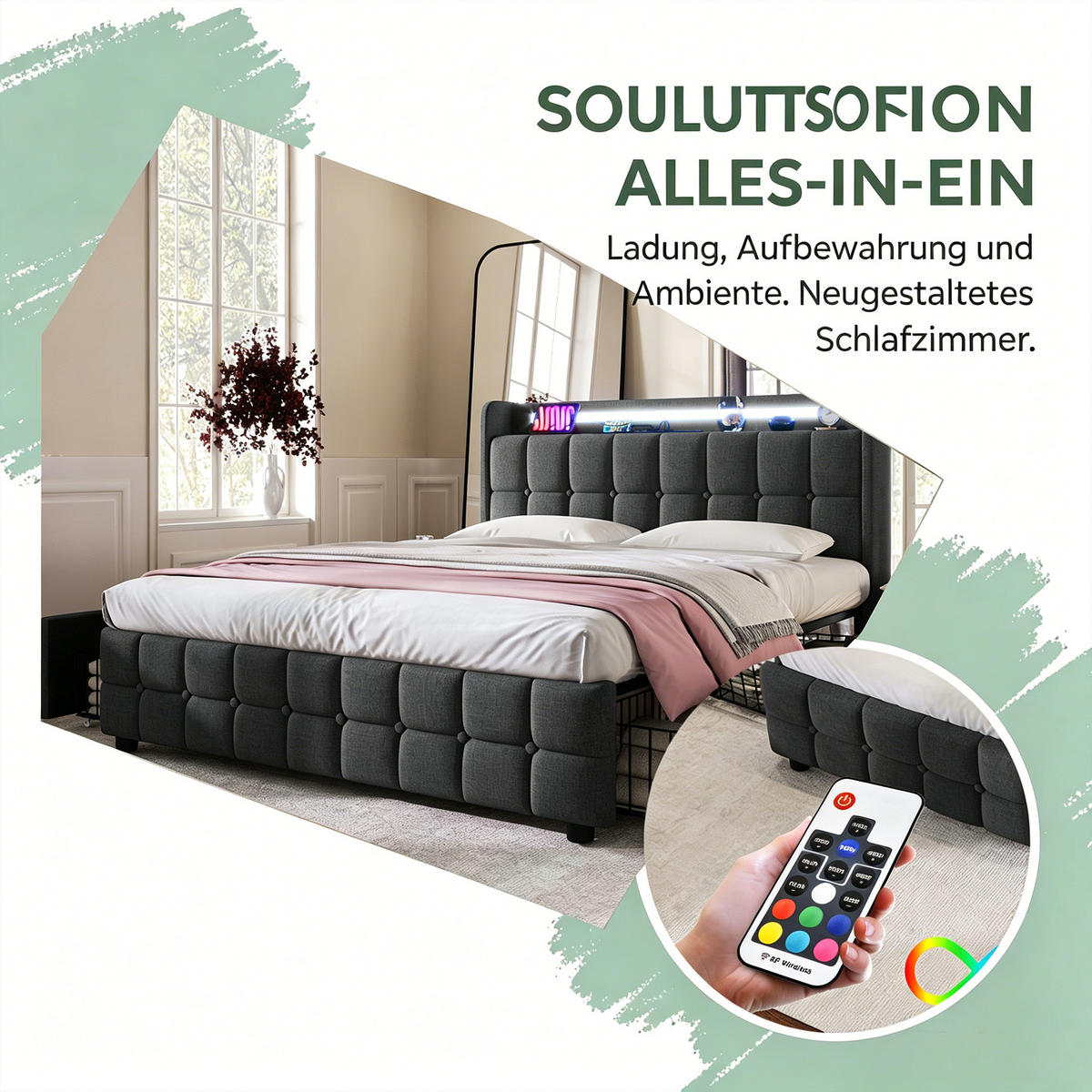 DOPPELBETT 160x200 mit stauraum, polsterbett mit LED, USB, 4 Schublade, Leinenstoff, grau - Dunkelgrau, Textil/Metall (160/200cm) - GENKI LIVING