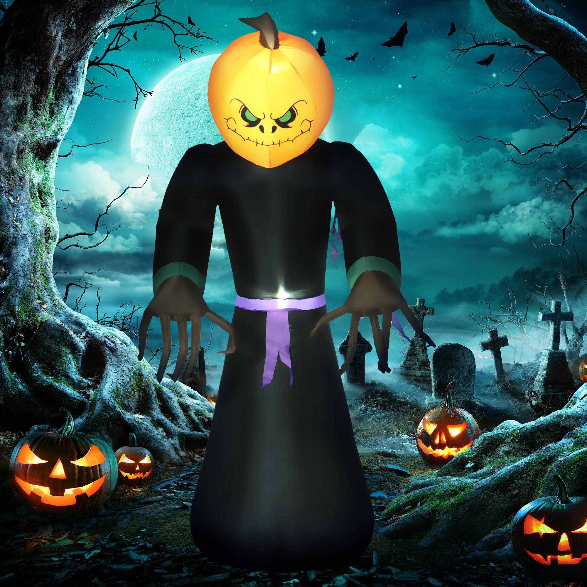 HALLOWEEN AUFBLASBARER KÜRBIS, Orange und Schwarz, Polyestergewebe - Orange, Kunststoff (66/210/110cm) - HOMCOM