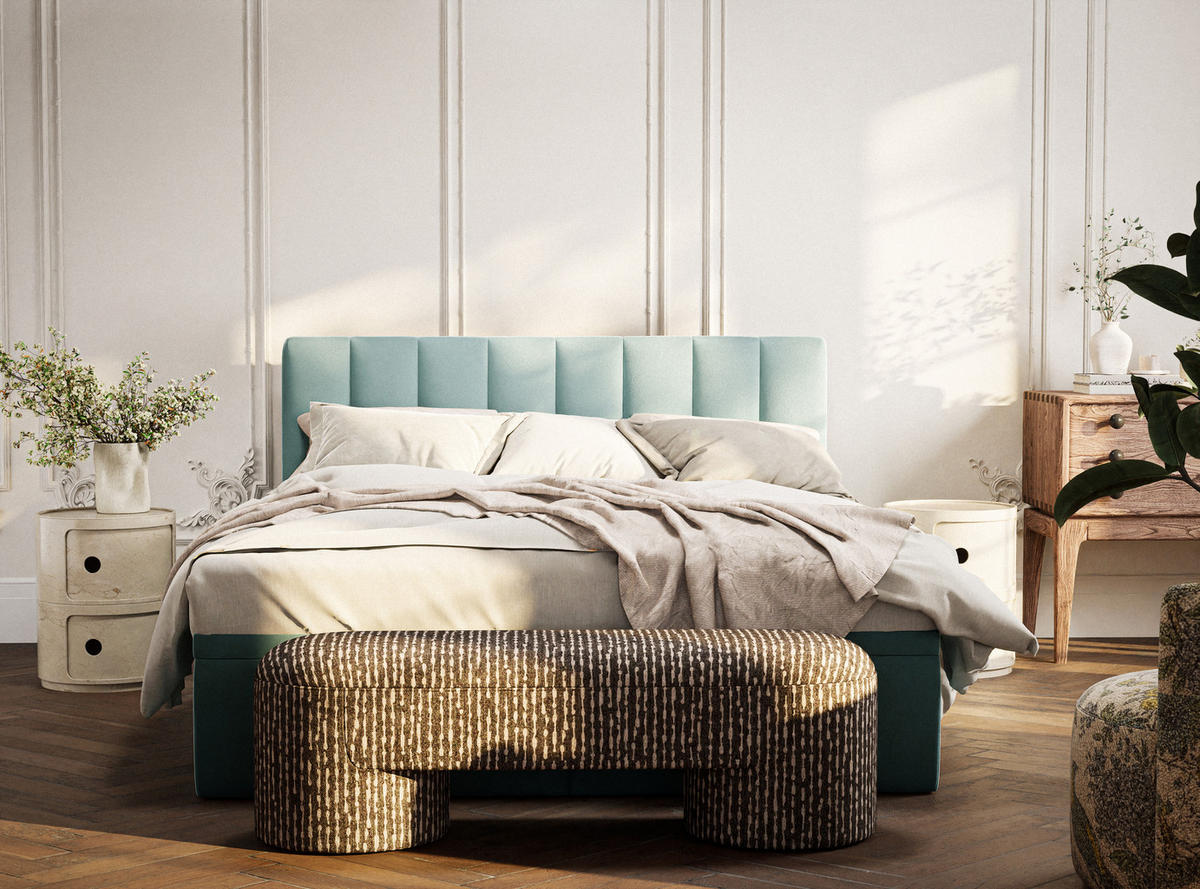 BOXBETT 200/200 cm Lovage S, in Türkis, Matratze, gepolstertes Kopfteil, Bettkasten, H3 = fest - Türkis/Schwarz, Holz/Holzwerkstoff (200/200cm) - Maison de Reve