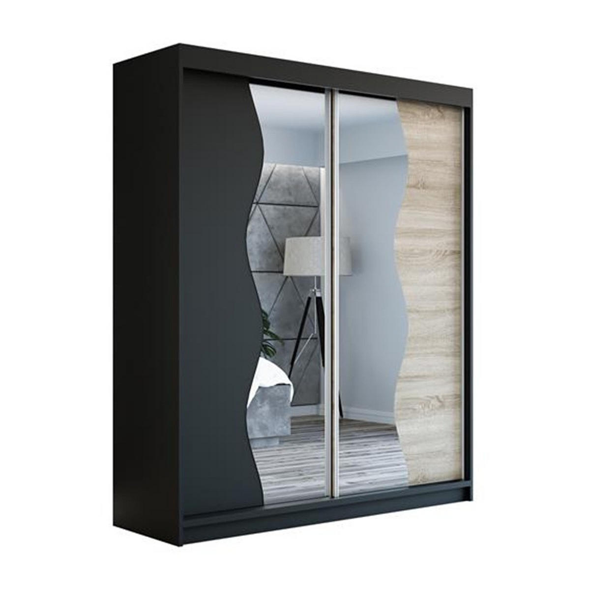 SCHWEBETÜRENSCHRANK 180 CM RIMA Farbe: Schwarz / schwarz / sonoma - Schwarz/Braun, Holzwerkstoff (180/215/59.5cm) - A&J MöbelLand