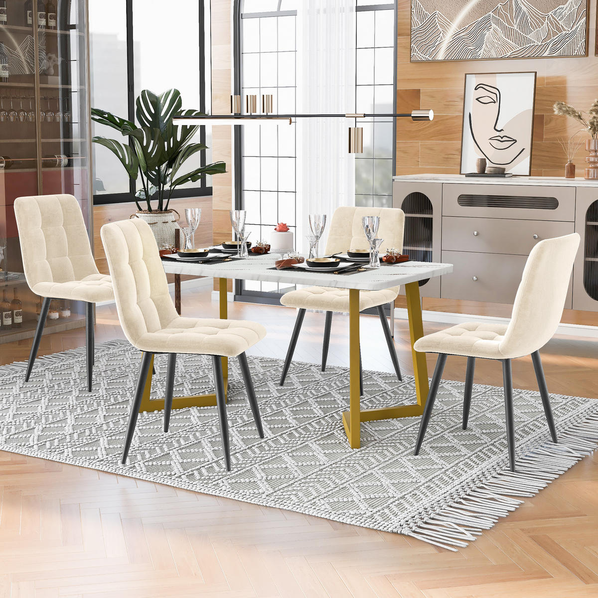 ESSZIMMER-SET 5-teilig mit rechteckigem Tisch 117×68 und vier beigen Samtstühlen mit Metallbeinen als moderner Küchentisch, weiß-beige - Beige, Holzwerkstoff (68/75/117cm) - Luhomfu