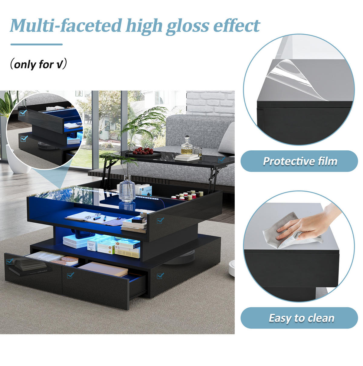 COUCHTISCH 80/80/45 cm schwarz aus Spanplatte und gehärtetem Glas mit Höhenverstellung, LED und Stauraum - Schwarz, Holzwerkstoff (80/80/45cm) - OKMYHOME