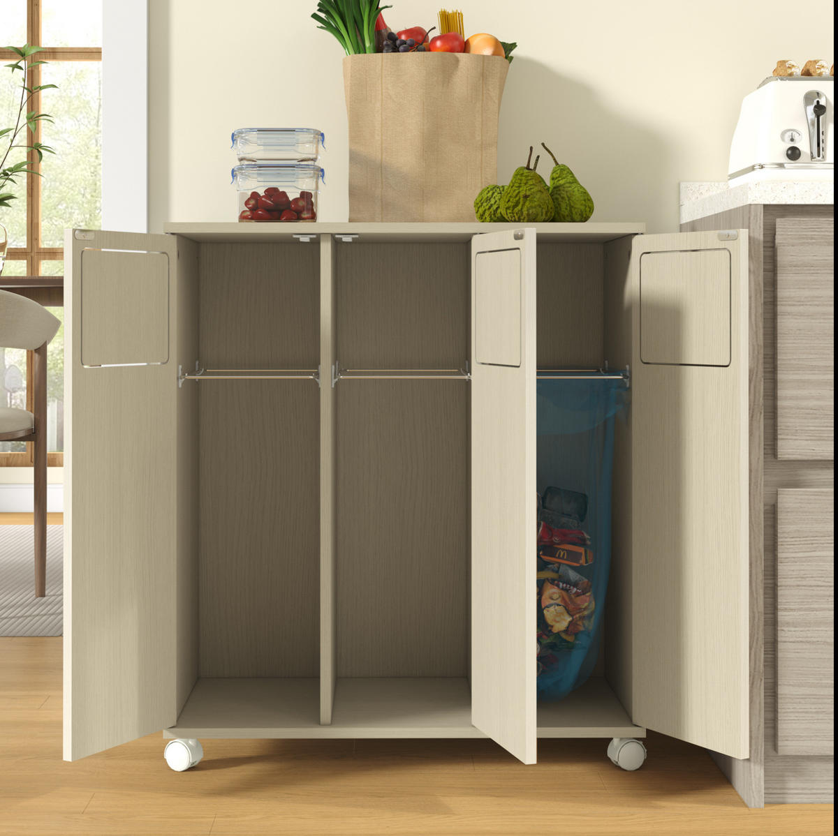 SKŘÍŇKA na třídění odpadu z MDF 69,3x35x80 cm bílá na kolečkách se 3 přihrádkami a dvířky 180° - bílá, kompozitní dřevo (70/80/35cm) - Modfu