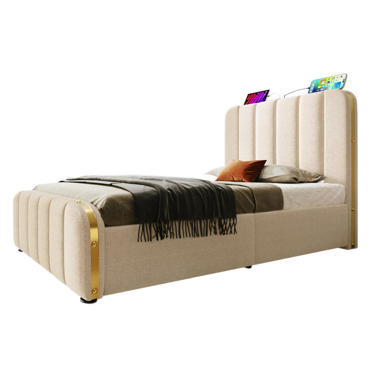 POLSTERBETT 90/200 cm mit Bettkasten, USB-C und gepolstertem Kopfteil in Beige - Beige, Textil (90/200cm) - BEAOK