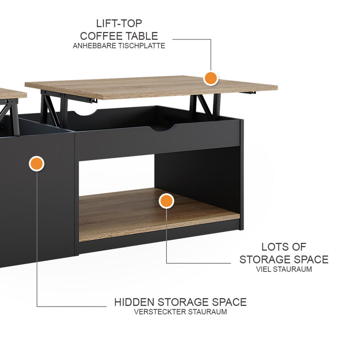 COUCHTISCH Avela Schwarz 110 x 110 cm - Schwarz/Sonoma Eiche, Holzwerkstoff (110/55/54cm) - Vicco