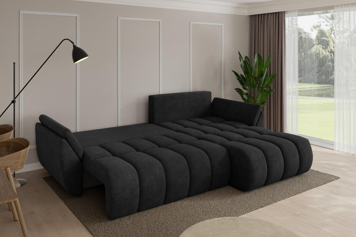 ROHOVÁ SEDAČKA s funkcí spaní, otoman vpravo TOKO-L-v1 277x194x86 černá velur - černá, kompozitní dřevo/textil (277/194cm) - ALTDECOR