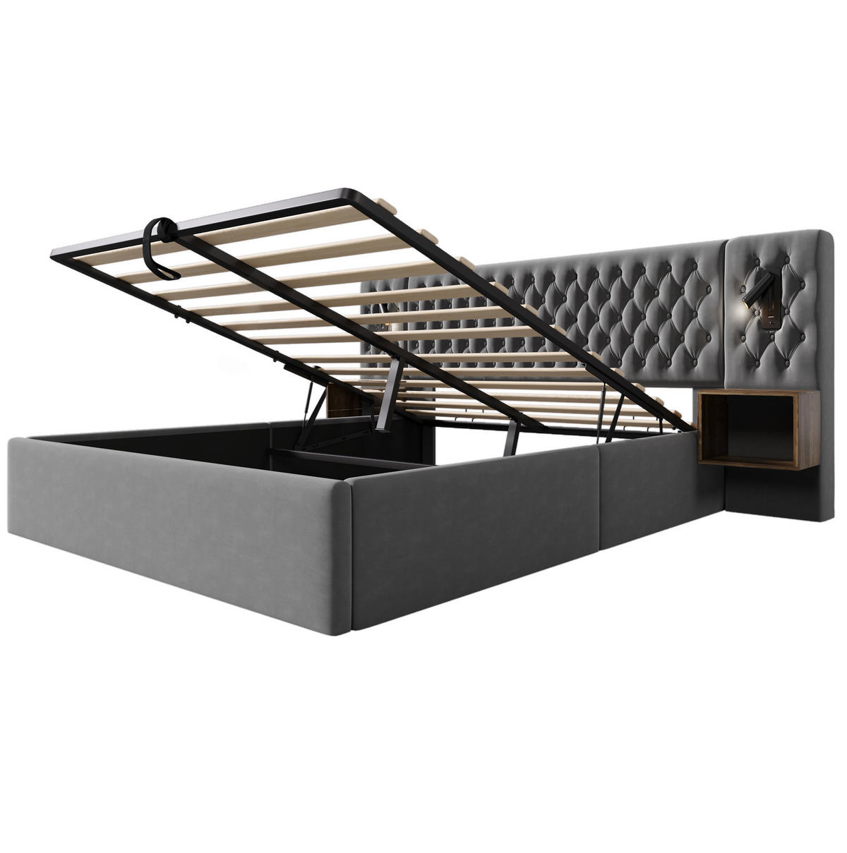 POLSTERBETT 180/200 cm mit hydraulischem Bettkasten, Nachttischen & USB/Type-C, Grau - Grau, Textil (180/200cm) - Redom