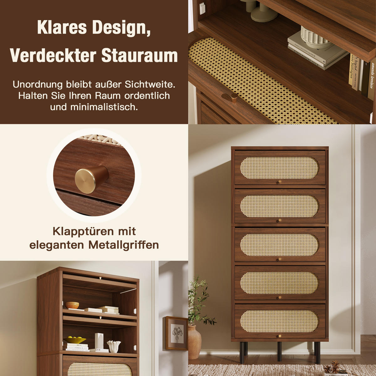SIDEBOARD aus Holz 80x40x163 cm Nussbaum mit 5 Klappen, Rattan-Front und Metallbeinen - Walnussfarben, Holzwerkstoff (80/163/40cm) - Modfu