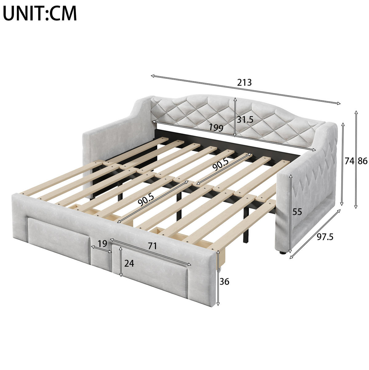 KREVET 90/200 cm s izvlačnim ležajem, LED osvjetljenjem i dvije ladice, Siva - siva, tekstil (90/200cm) - Redom
