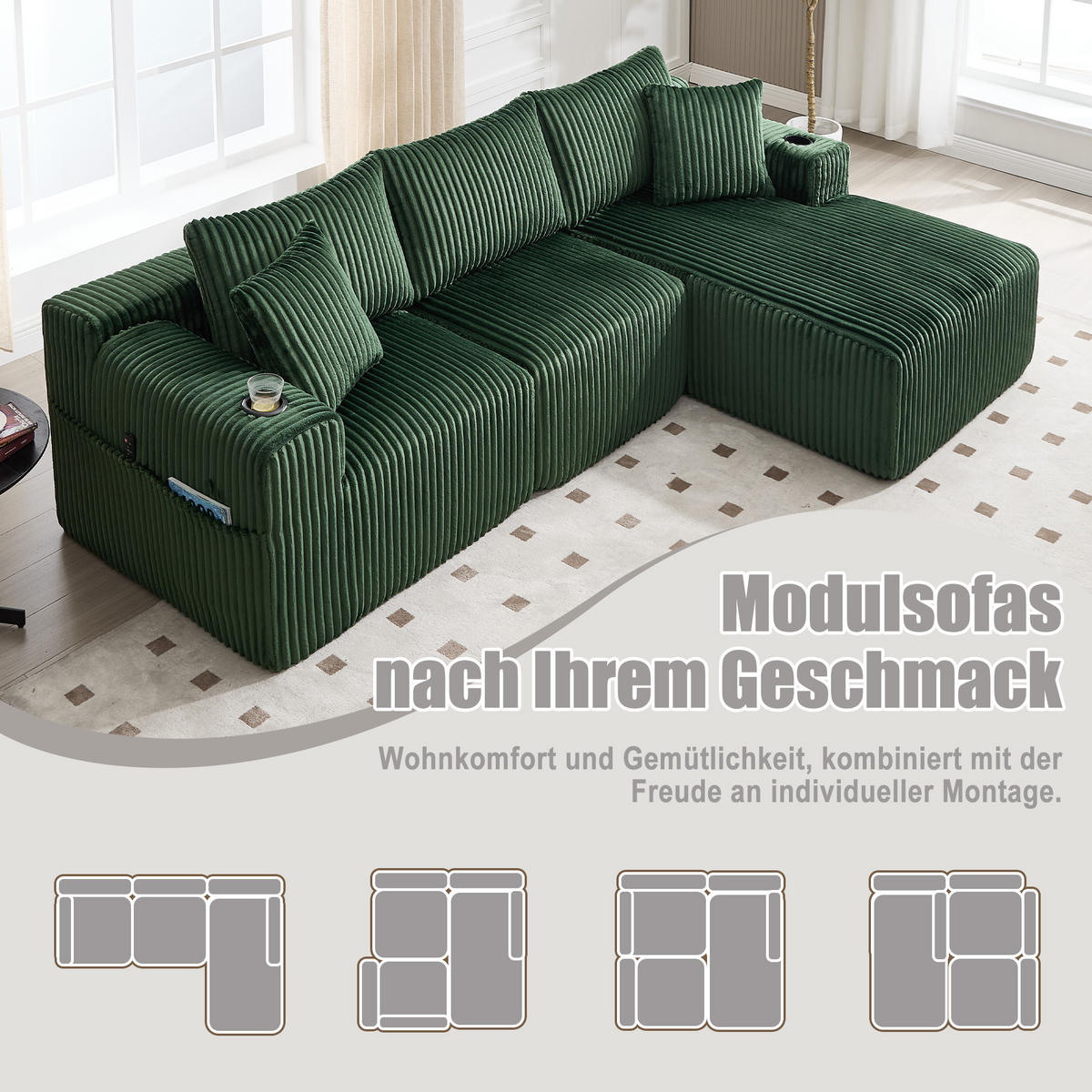 MODULARES Sofa-Set Cord mit Chaiselongue Taschen und Getränkehalter 257/90 160/62 cm Smaragdgrün - Smaragdgrün, Textil (160/257cm) - Redom