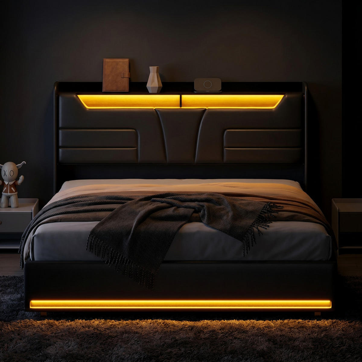 POLSTERBETT 140/190 cm schwarz mit Stauraum, LED und USB - Schwarz, Holz