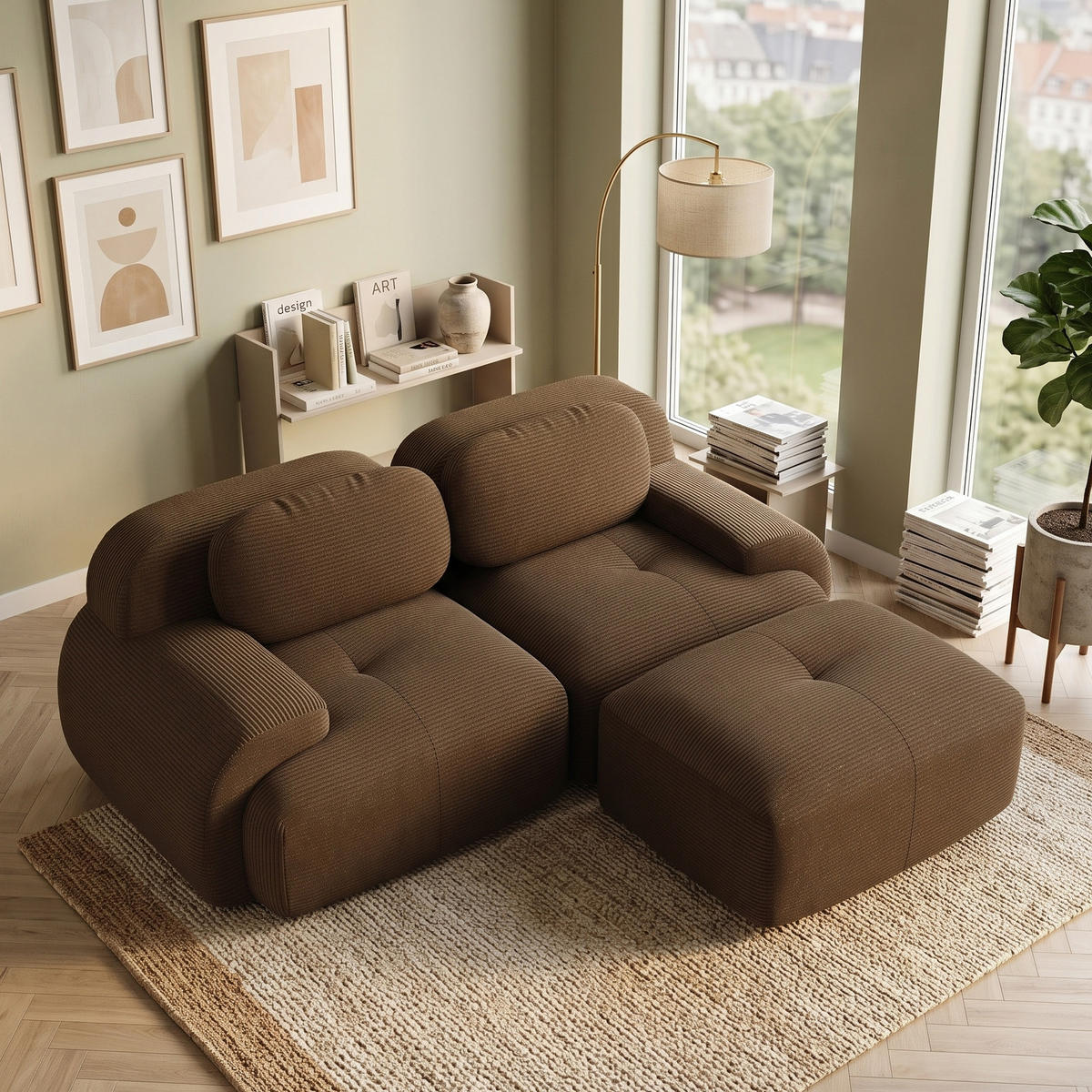 ROHOVÁ POHOVKA modulární bezrámová manšestrová pohovka 2místná - hnědá, textil (208/178cm) - Urban Meuble