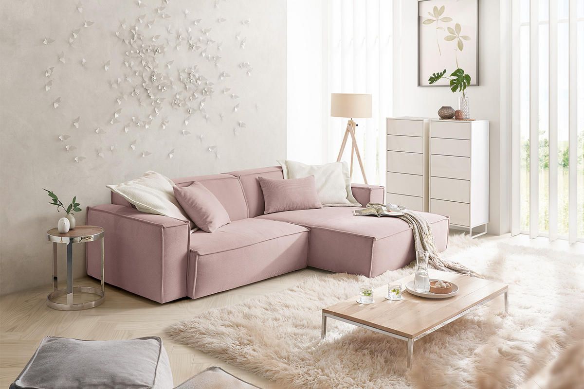 ECKSOFA SAMU Pink Cord - Pink/Schwarz, Textil (276/168cm) - KAWOLA