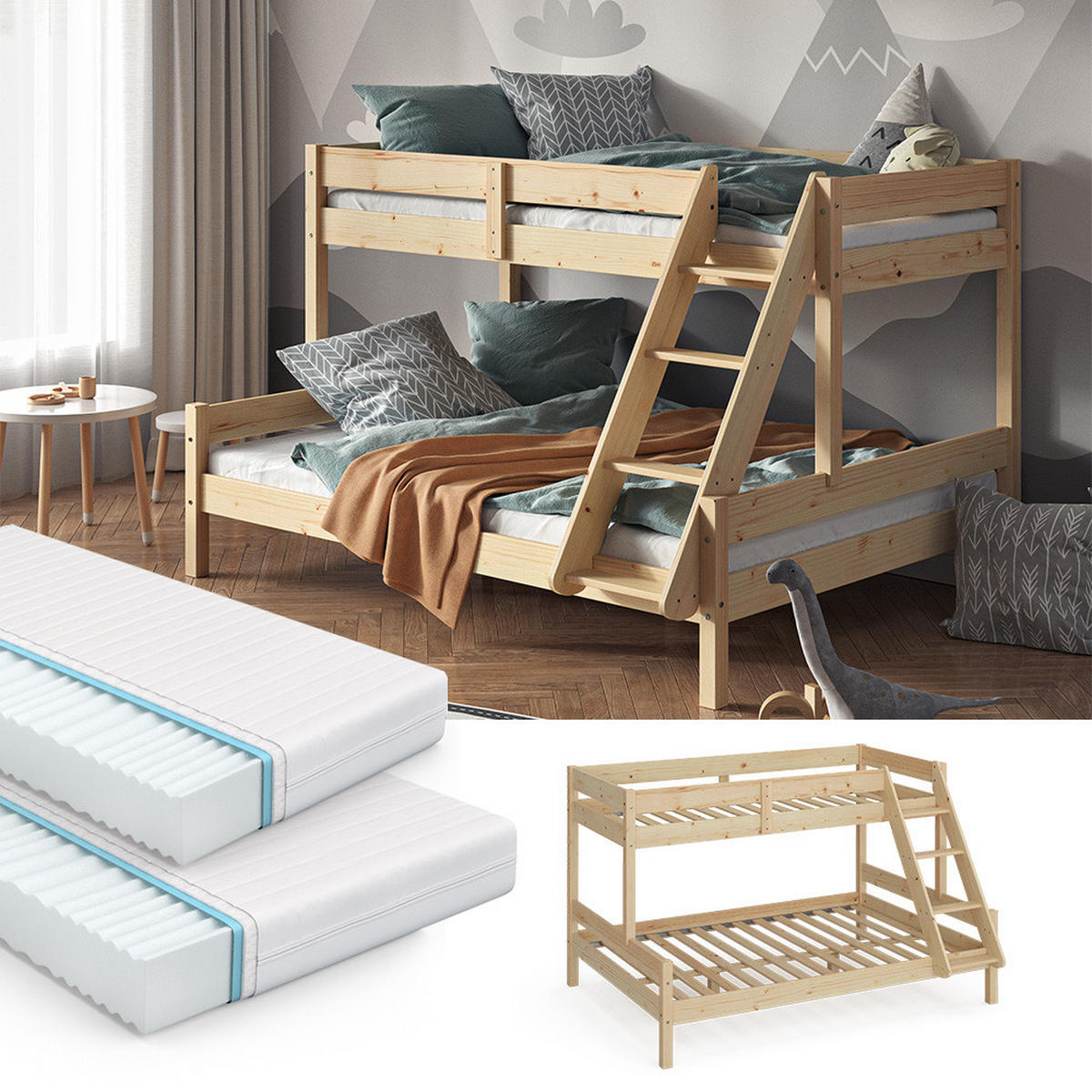 ETAGENBETT Everest Naturholz 140x200/90x200 cm mit 2 Matratzen - Naturfarben, Holz (140/200cm) - VitaliSpa