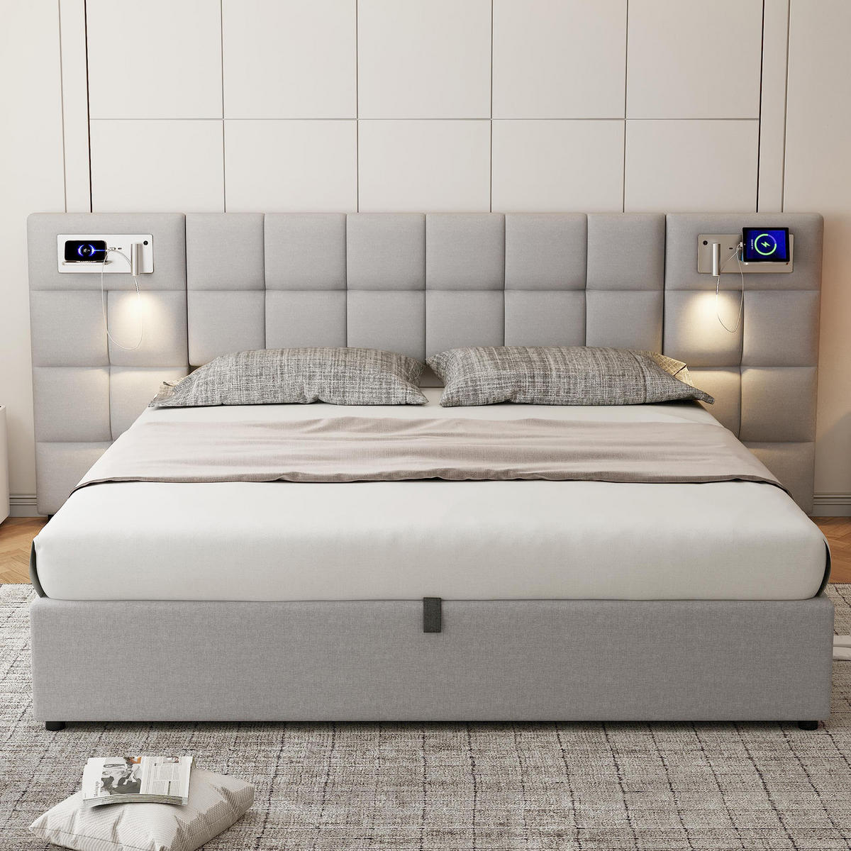 POLSTERBETT 180/200 cm Grau mit Stauraum und USB-Anschluss - Grau, Textil (180/200cm) - OKWISH