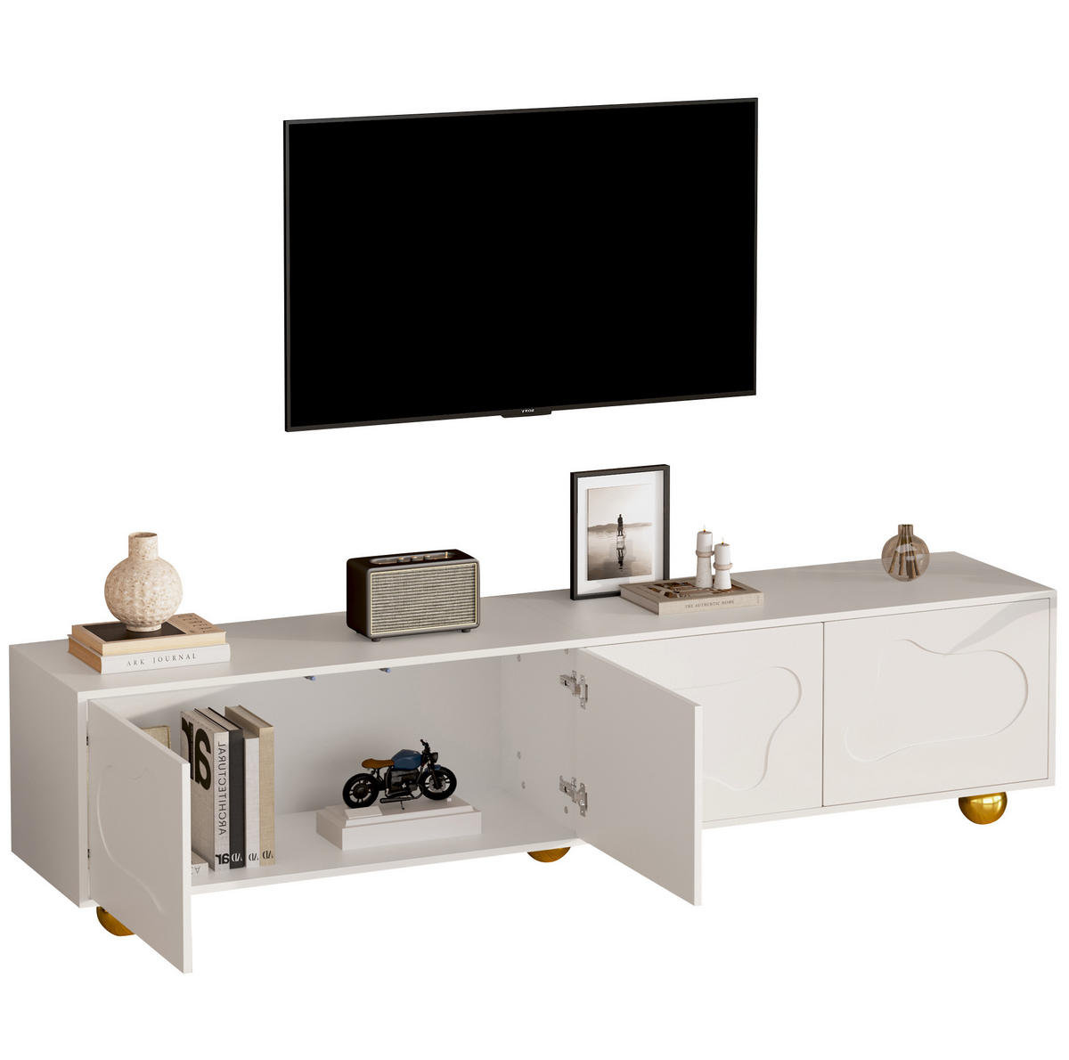 TV-LOWBOARD aus Spanplatte 180x40x45 cm Warmweiß mit 4 Türen und Wolkenmotiv - Weiß, Holzwerkstoff (180/45/40cm) - IVMEU