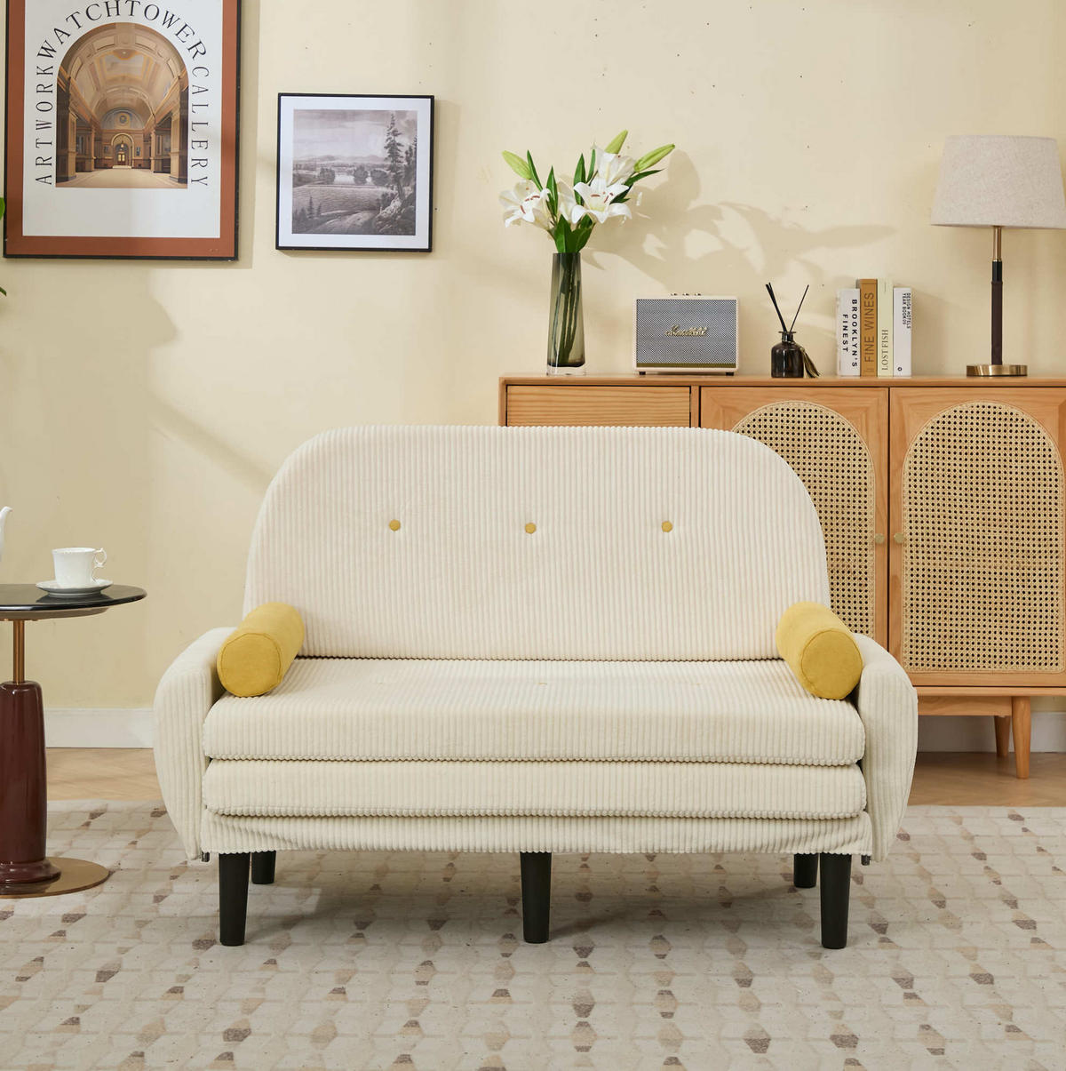 2-SITZER 133/77/85 cm elfenbeinfarben aus Cord mit verstellbarer Rückenlehne und 2 Kissen - Creme, Textil (77/85/133.5cm) - OKWISH
