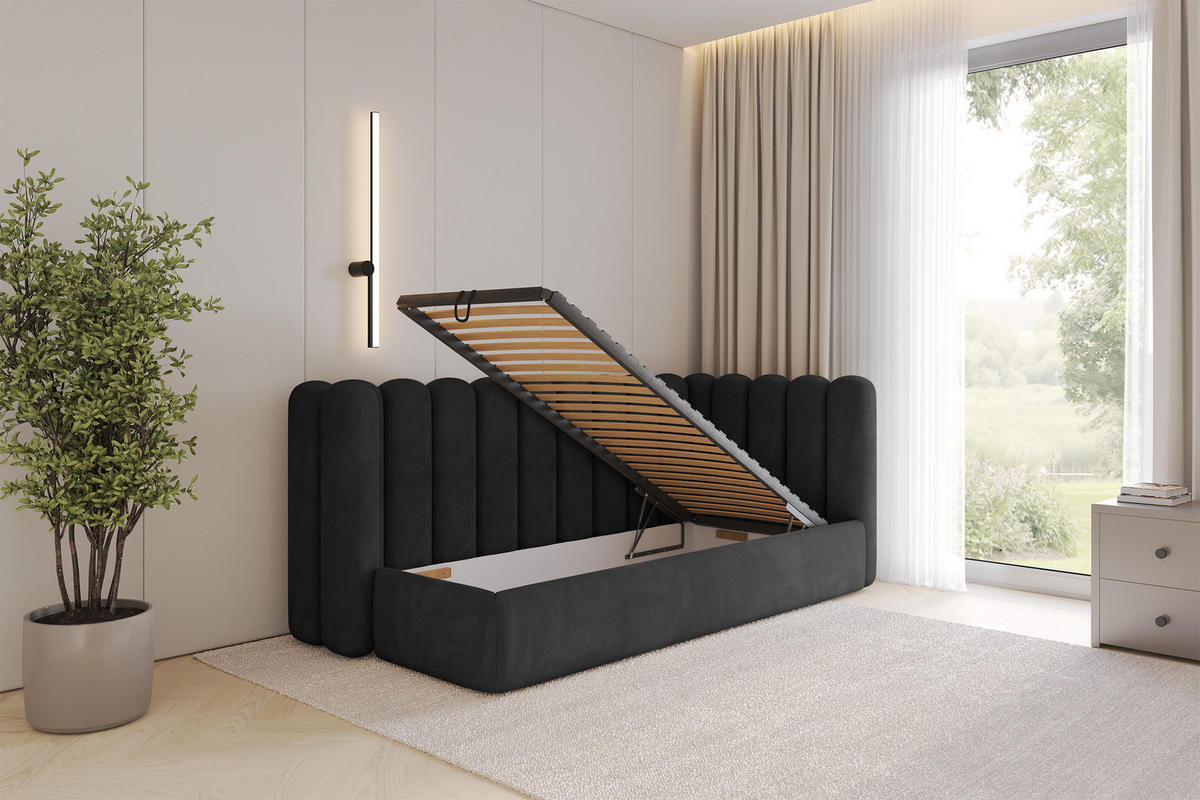 EINZELLBETT Jugendbett mit Bettkasten und Matratze H3/H4, Links - HUGY 100x200 Schwarz - Schwarz, Holzwerkstoff/Textil (100/200cm) - ALTDECOR