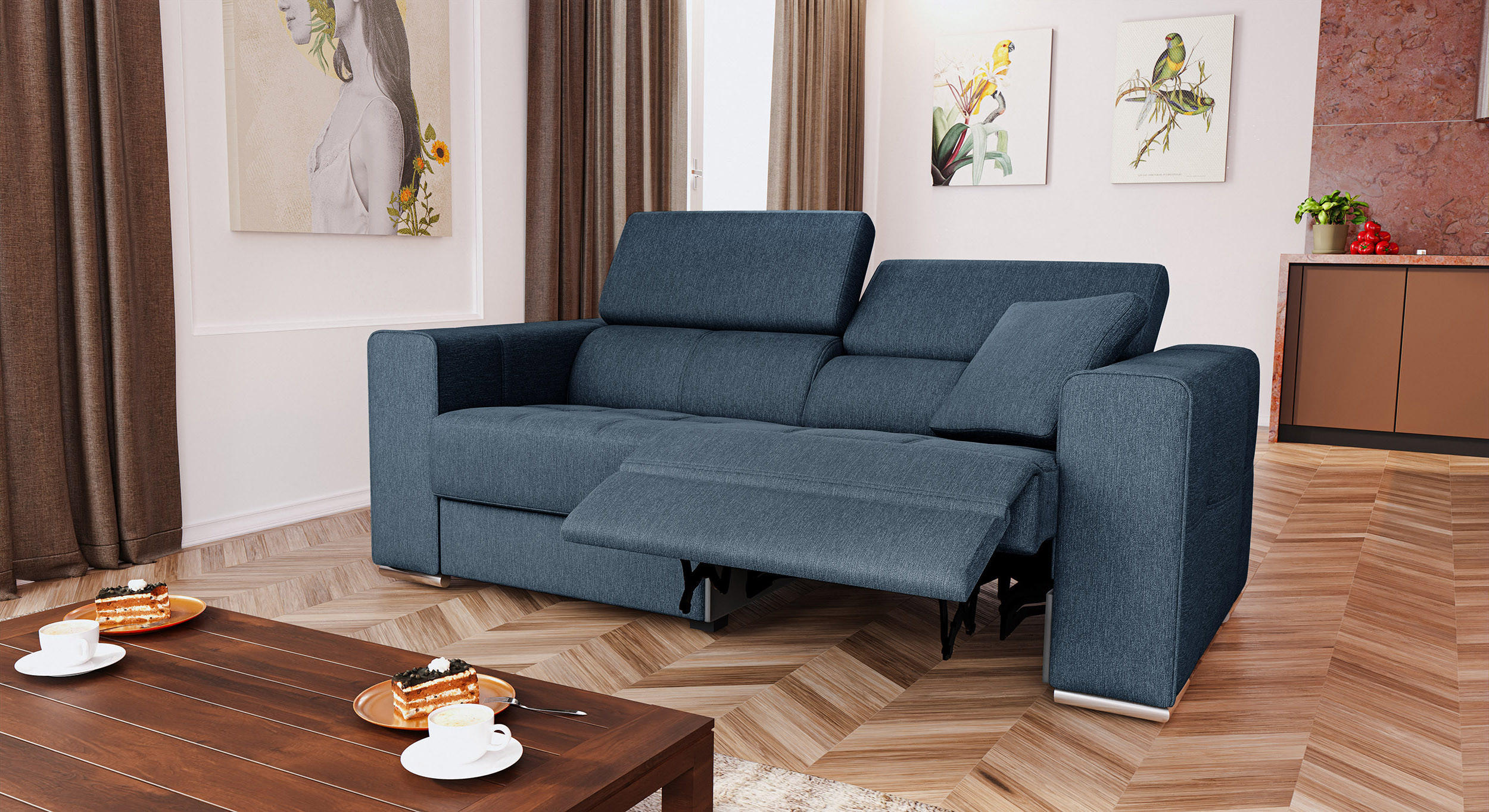 SOFA QUARTZ 3-Sitzer mit 1 Relaxfunktion, blau - Blau/Silberfarben, Holzwerkstoff/Textil (204/80/102cm) - Courtois Laville