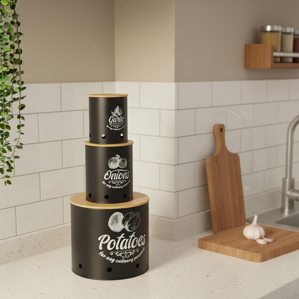 3XÚLOŽNÁ dóza - čierna, kov/drevo - Relaxdays