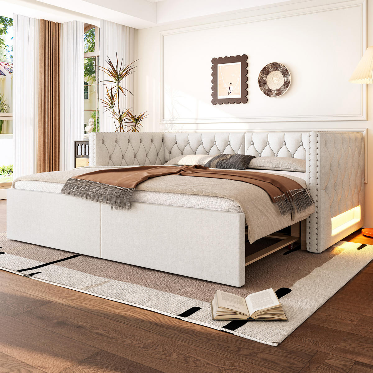 POLSTERBETT 90/200 cm Ausziehbett Beige aus Leinen mit LED-Beleuchtung - Beige, Textil (90/200cm) - OKWISH