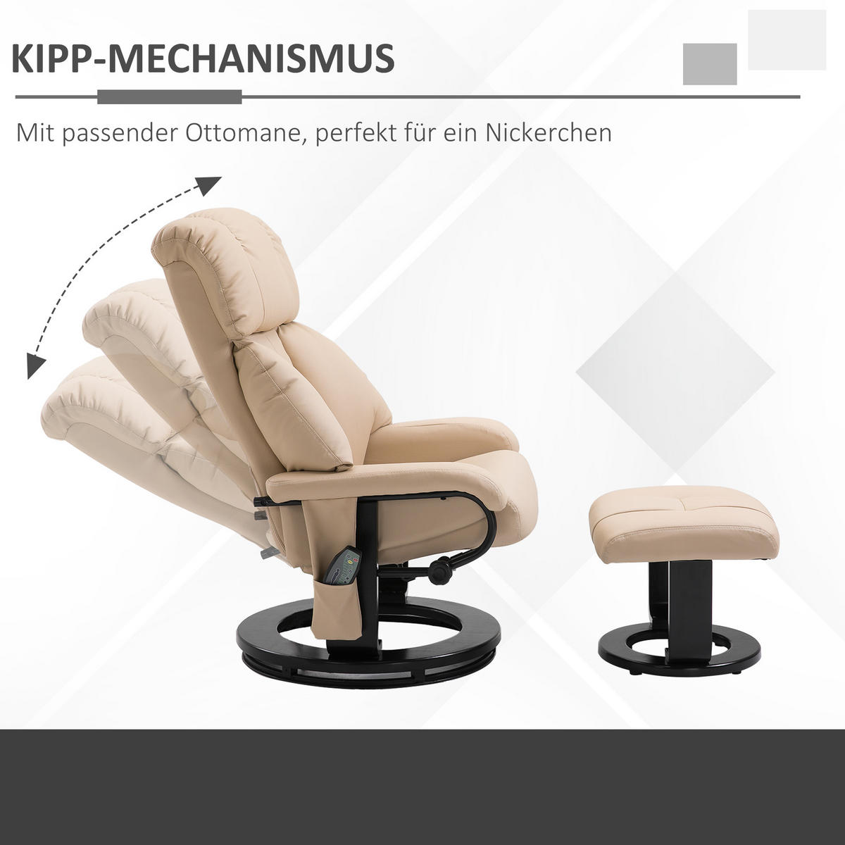MASSAGESESSEL in Cremeweiß 80x76x102 cm mit Hocker und verstellbarer Rückenlehne - Creme, Kunststoff (76/102/80cm) - IVMEU