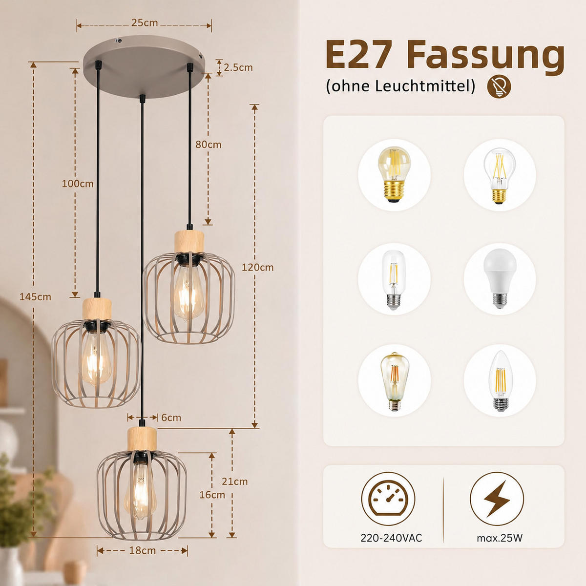 PENDELLEUCHTE Sythveth 25/18/145 cm - Grau, Holz/Metall (25/18/145cm) - ZMH