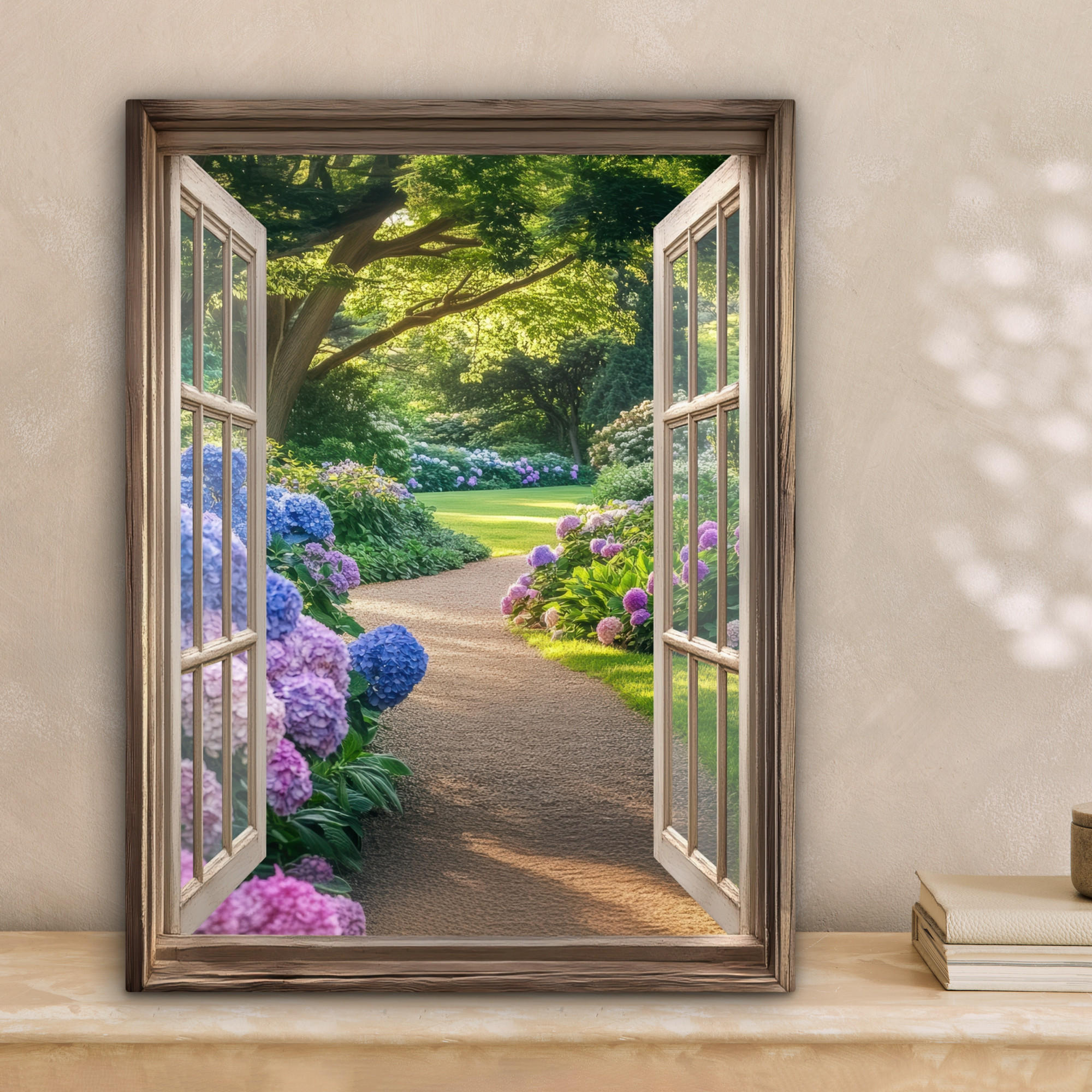 LEINWANDBILD Aussicht - Garten - Fenster - Hortensie - Blumen 30x40 cm - Pastellblau, Textil (30/40cm) - MuchoWow