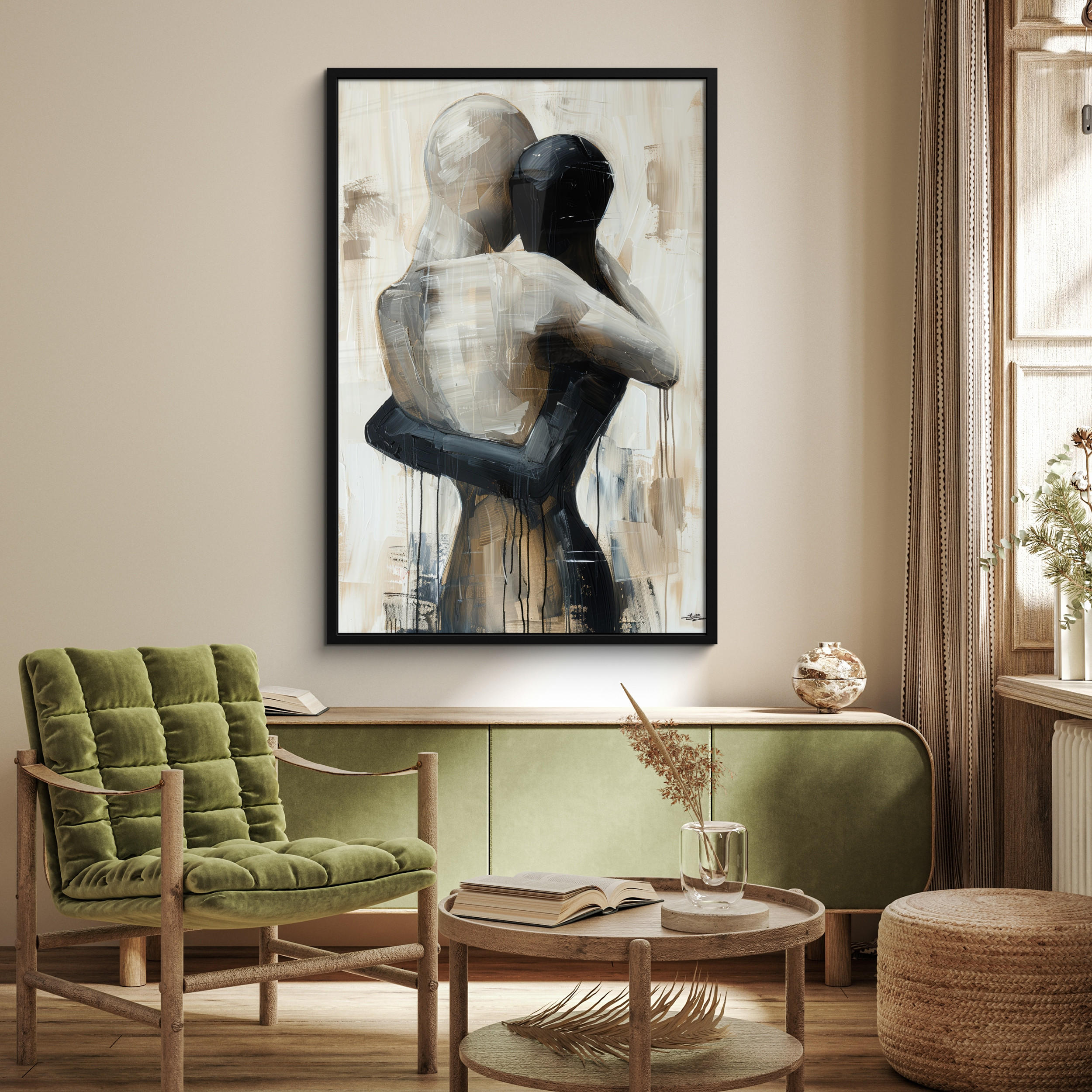 GERAHMTES BILD Abstrakt - Liebe - Schwarz und weiß - Modern 80x120 cm - Schwarz, Papier (80/120cm) - MuchoWow