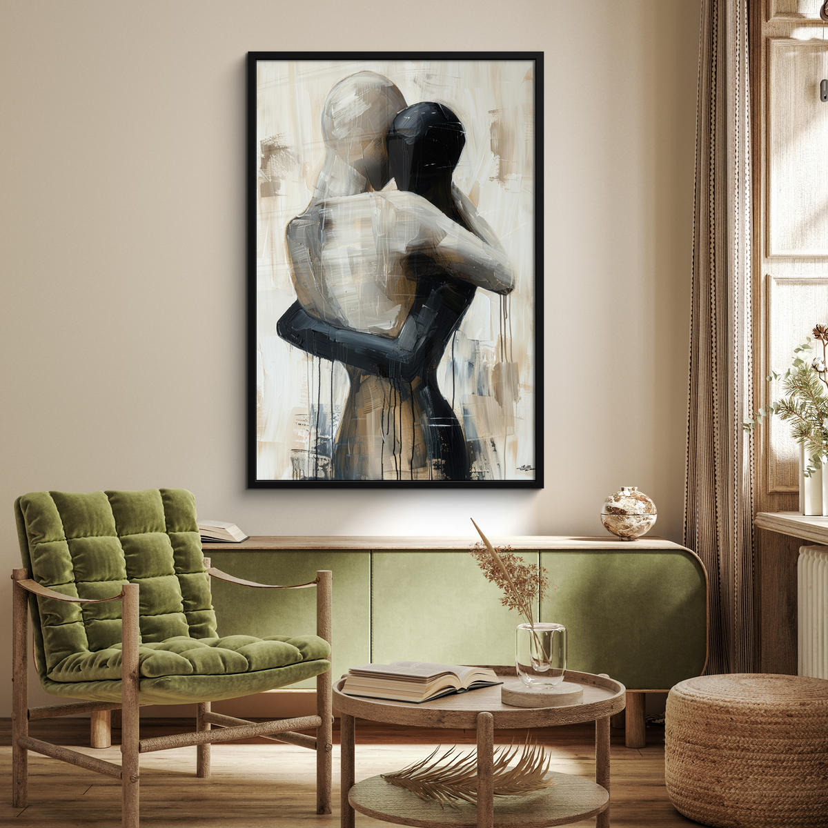 GERAHMTES BILD Abstrakt - Liebe - Schwarz und weiß - Modern 80x120 cm - Schwarz, Papier (80/120cm) - MuchoWow