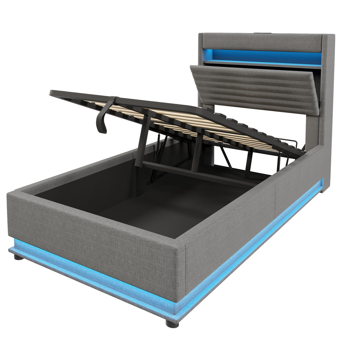 POLSTERBETT 90/200 cm mit LED-Beleuchtung, USB- und Typ-C-Anschluss, hydraulischem Stauraum und Ablage, Grau - Grau, Textil (90/200cm) - Redom