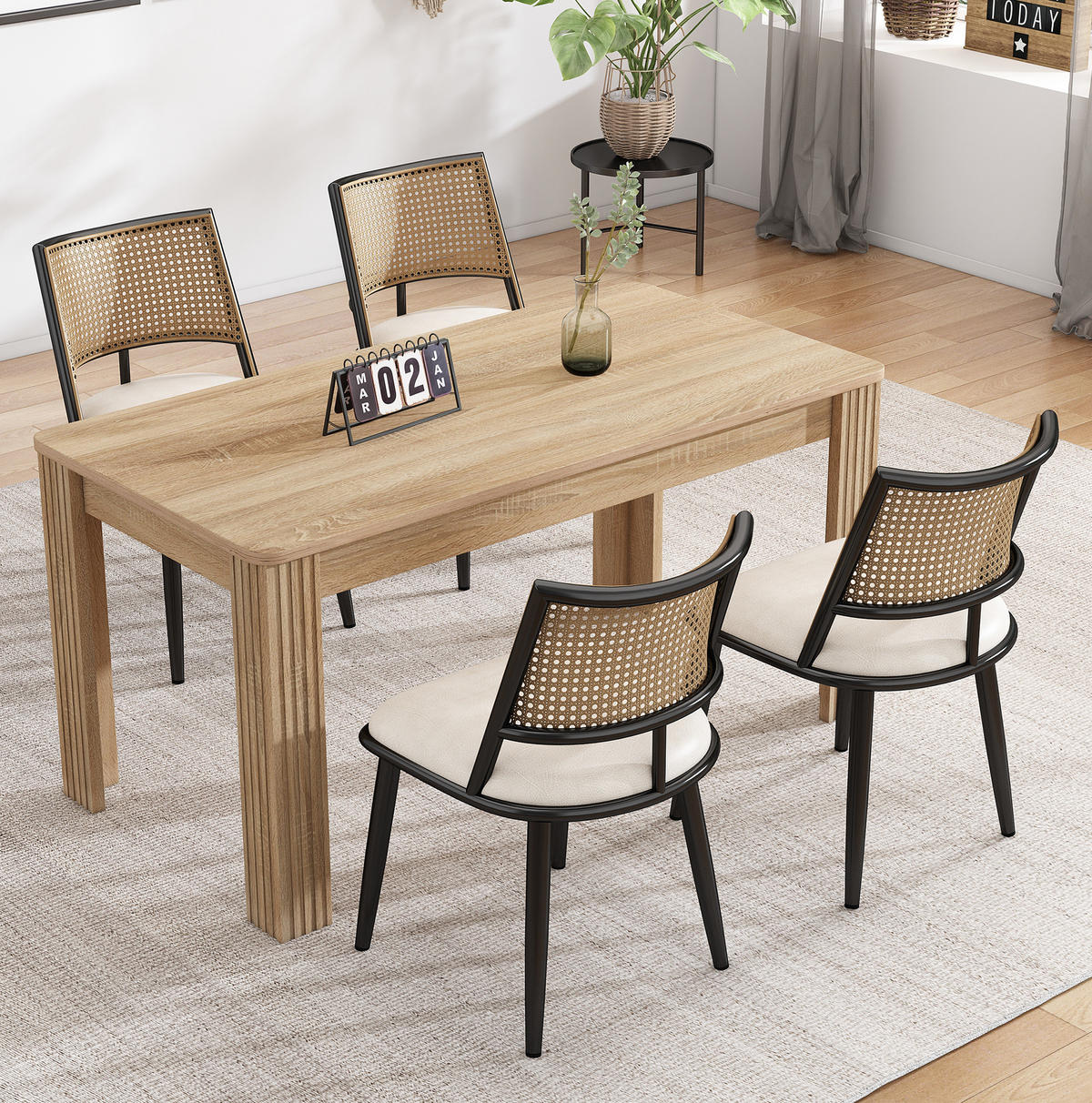 ESSZIMMERSTUHL 4er-Set mit PU-Sitz und Rattan-Rückenlehne Schwarz - Schwarz, Metall (46/80/48.2cm) - Meubliv