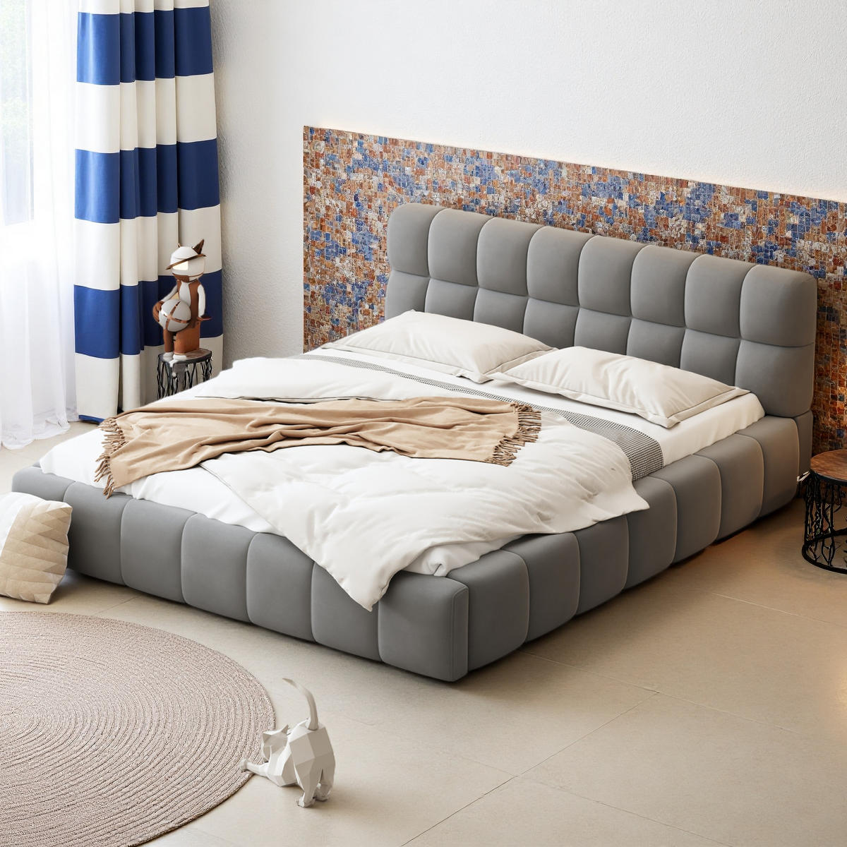 POLSTERBETT 140x200 cm Bubble Design Lattenrost Rückenlehne Leinen grau - Grau, Holz (160/200cm) - LEBENLANG