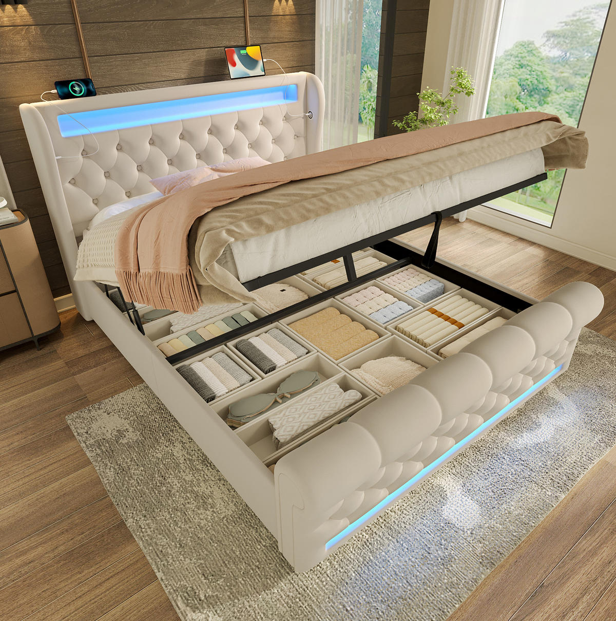 POLSTERBETT aus Samt 160x200 cm in Beige mit LED & Matratze - Beige, Textil (160/200cm) - Modfu
