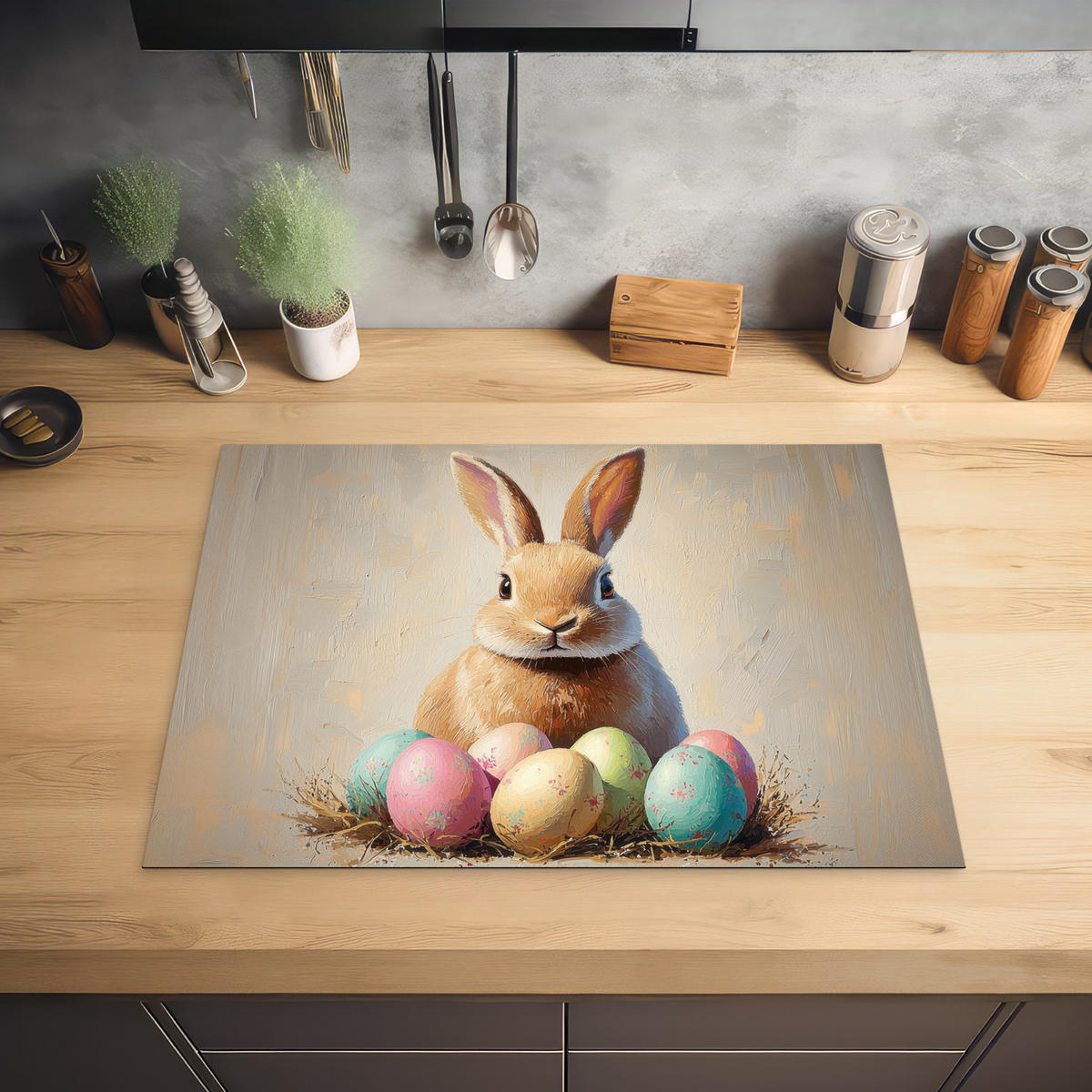 HERDABDECKPLATTE Osterhase - Pastell - Eier Herdabdeckung Induktionsfeld 70x52 cm - Beige, Kunststoff (70/52/0.2cm) - MuchoWow