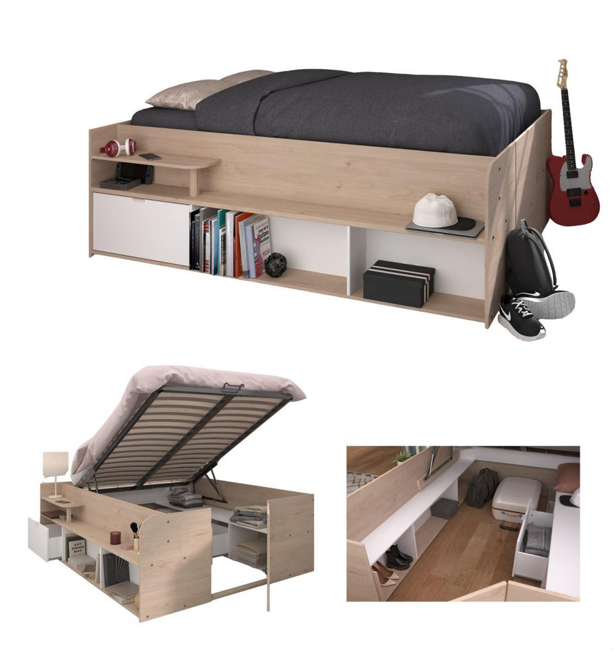 STAURAUMBETT Eiche Jackson, weiß, Hochbett Liegefläche 140 x 200 cm - Eichefarben/Weiß, Holzwerkstoff (140/200cm) - Parisot Meuble