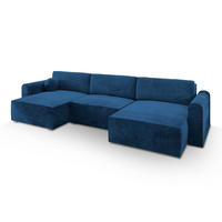 WOHNLANDSCHAFT FENTO M Blau Velours-Stoff mit Schlaffunktion - Blau, Holz (347/90/148cm) - MASSENO