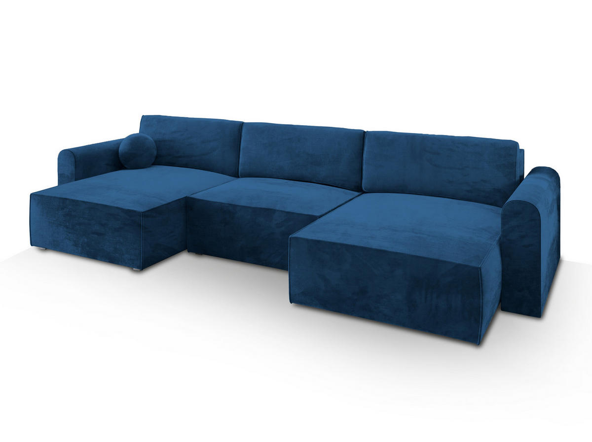 WOHNLANDSCHAFT FENTO M Blau Velours-Stoff mit Schlaffunktion - Blau, Holz (347/90/148cm) - MASSENO