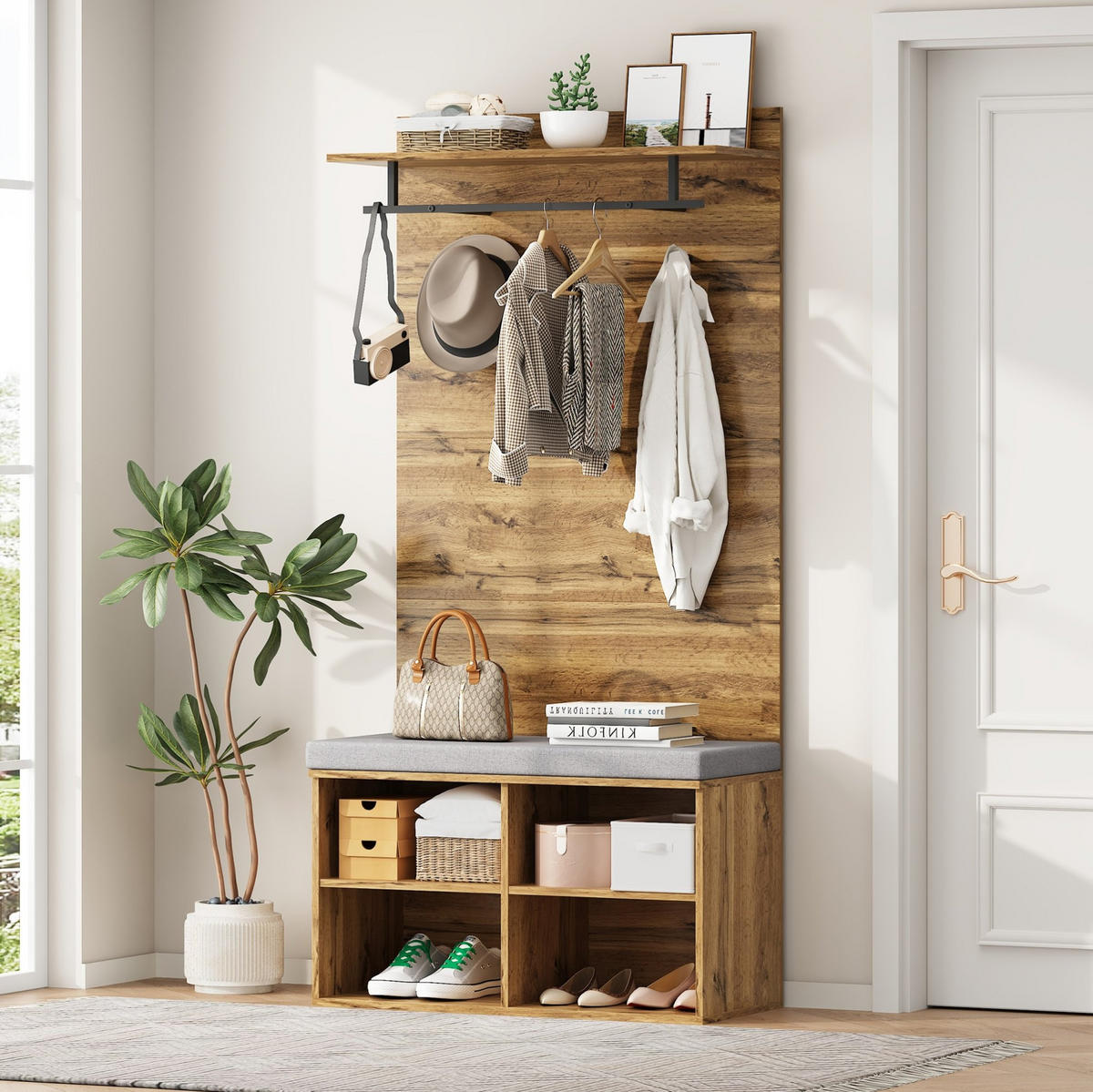 GARDEROBENSET 84/35/175 cm aus Spanplatte mit Schuhbank, verstellbarem Regal und Kleiderstange, Eichefarben - Eichefarben, Holzwerkstoff (84/175/35cm) - Redom