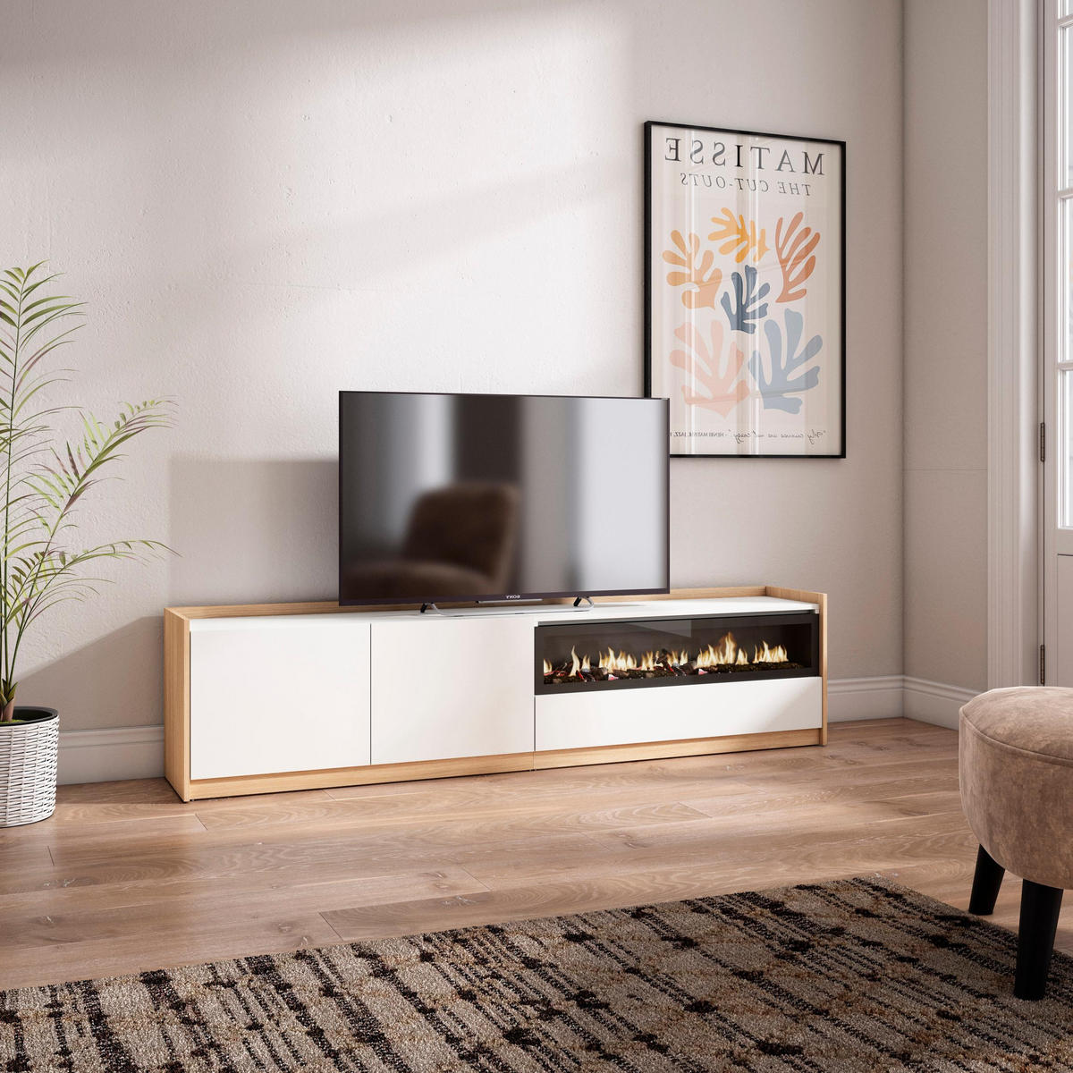 TV-SCHRANK, Lowboard, Weiß und Eiche Soft, Elektrokamin, 207/37/50cm - Weiß, Holzwerkstoff (207/50/37cm) - Skraut Home