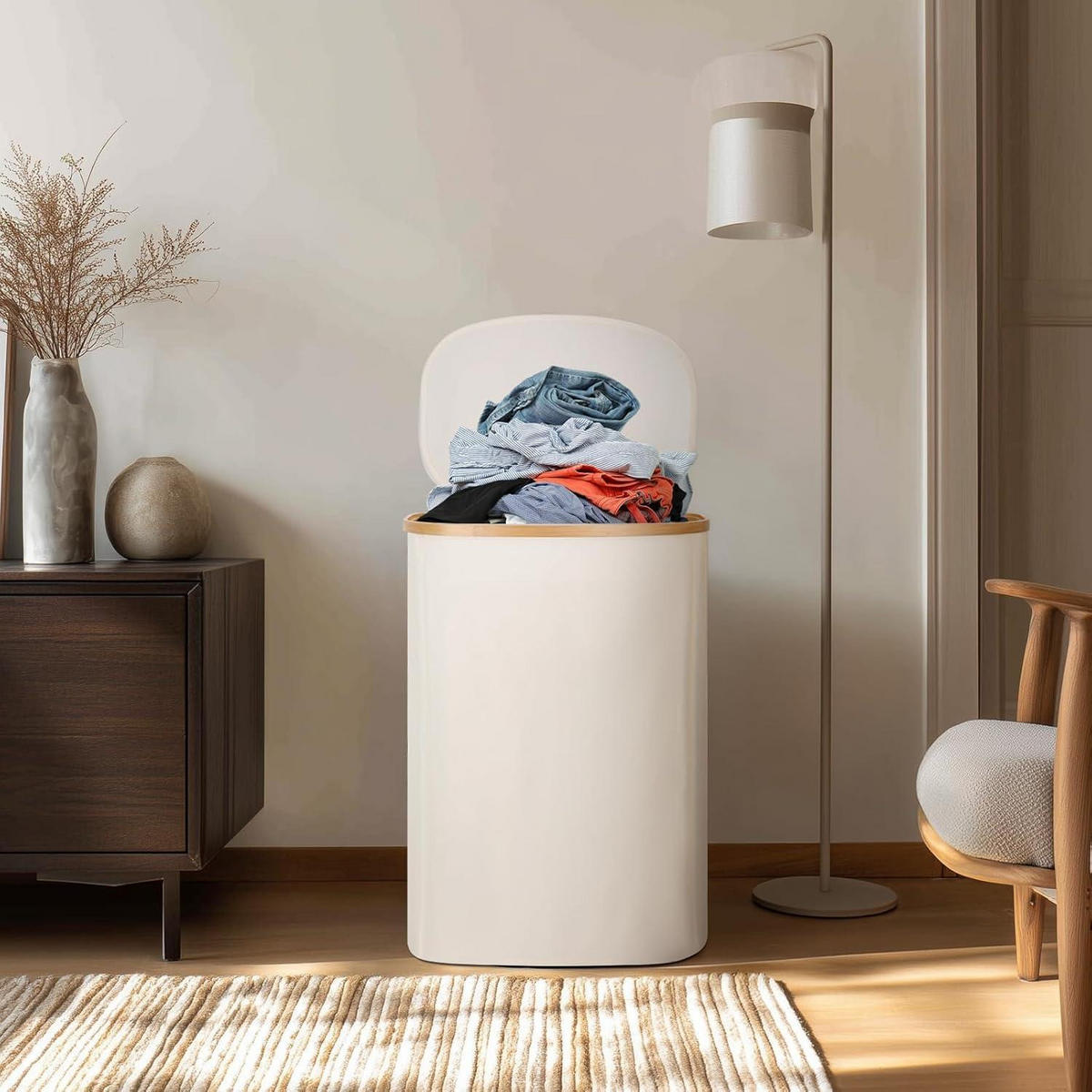 WÄSCHEKORB 80L Bambus mit Deckel Beige - Weiß, Naturmaterialien (32.5/56/44cm)