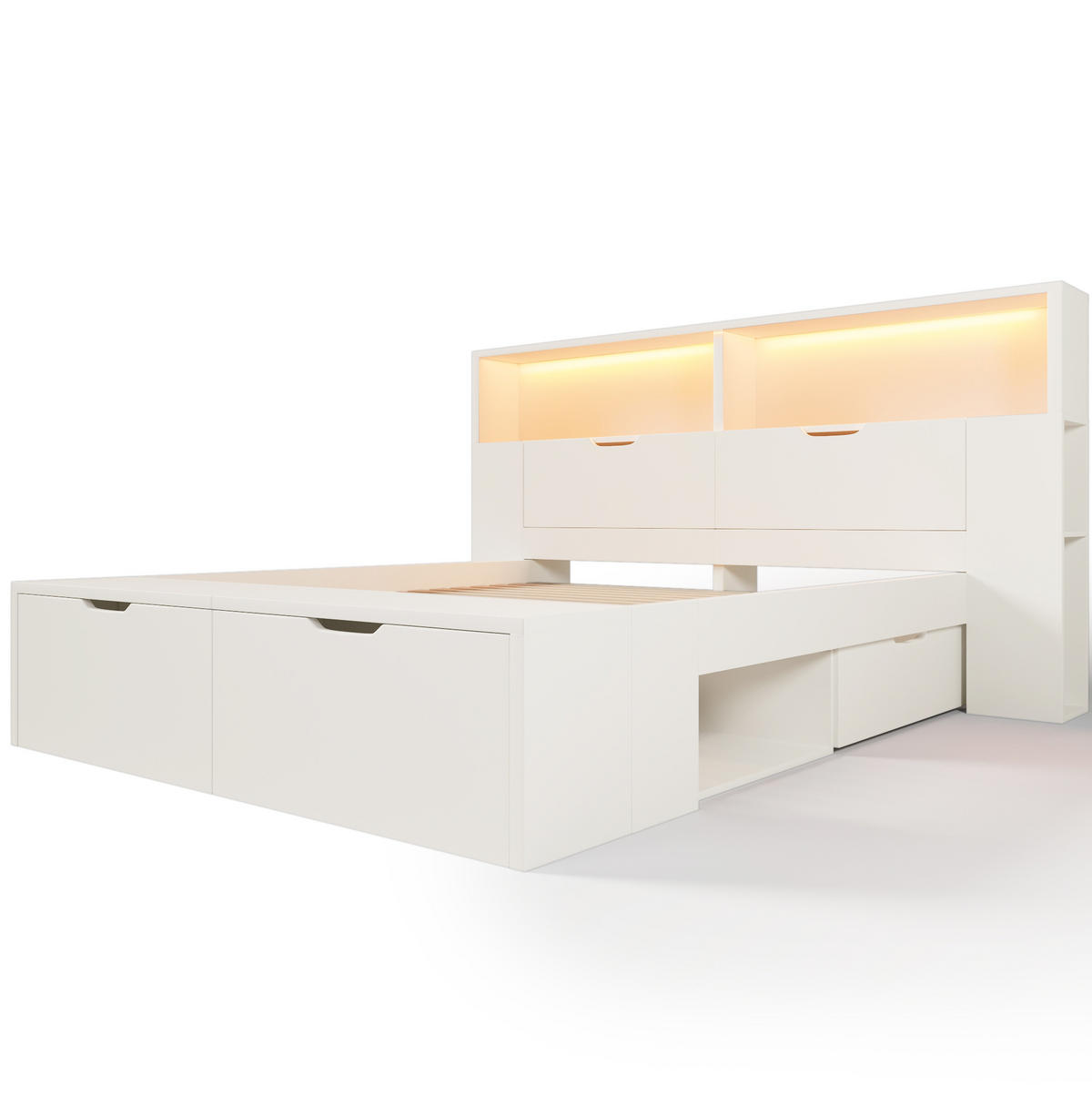 POSTEL 140/200 cm s LED osvětlením, USB porty, úložným prostorem, zásuvkami a lavicí, Bílá - bílá, kompozitní dřevo (140/200cm) - Redom