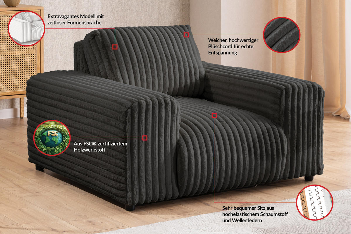 SESSEL Mollis Dunkelgrau Plüschcord - Dunkelgrau/Schwarz, Holz/Kunststoff (119/79/108cm) - S-Style Möbel